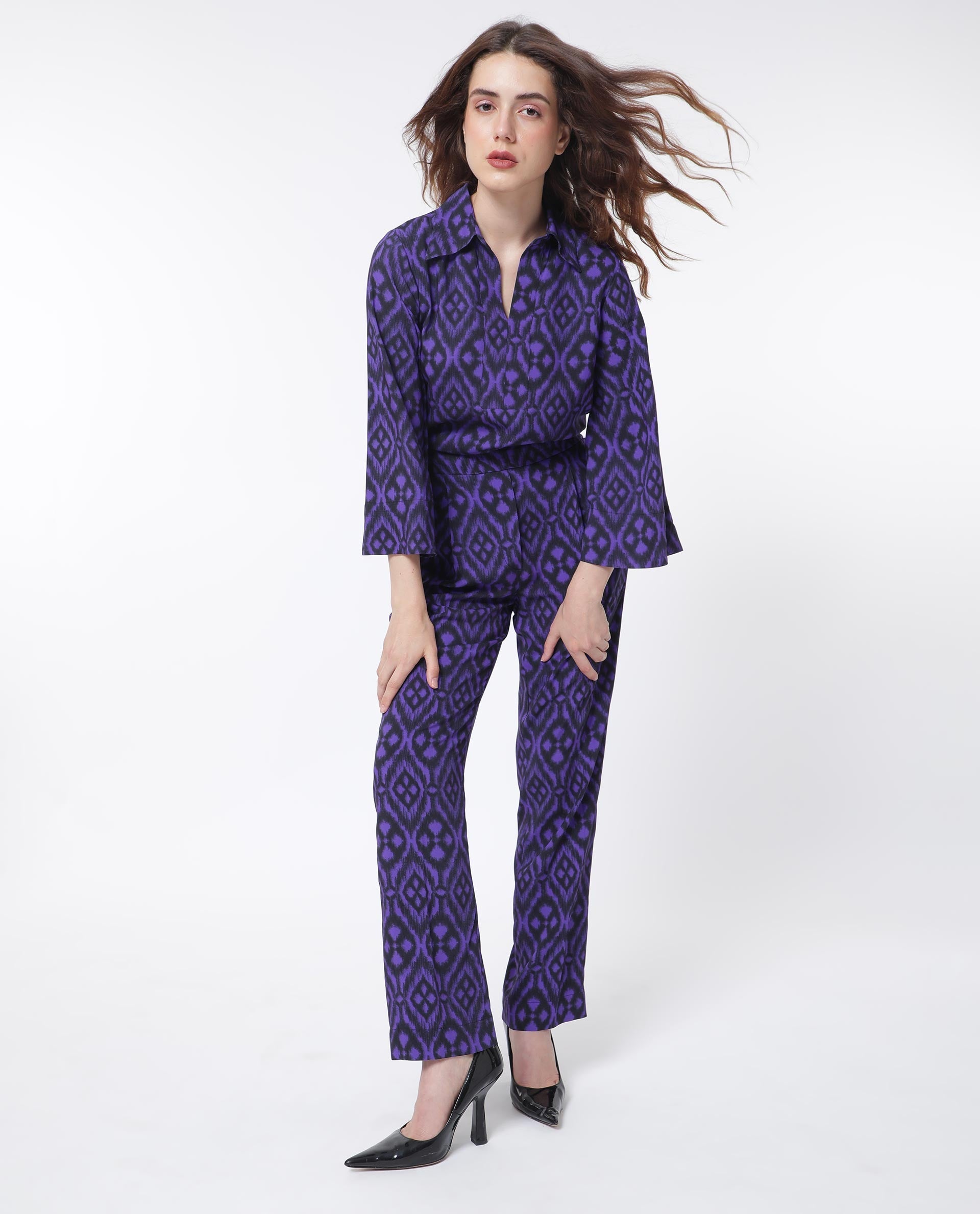 Rareism Women's Kennedy Black Cotton Geometric Print Ankle Length Straight Fit Trouser
