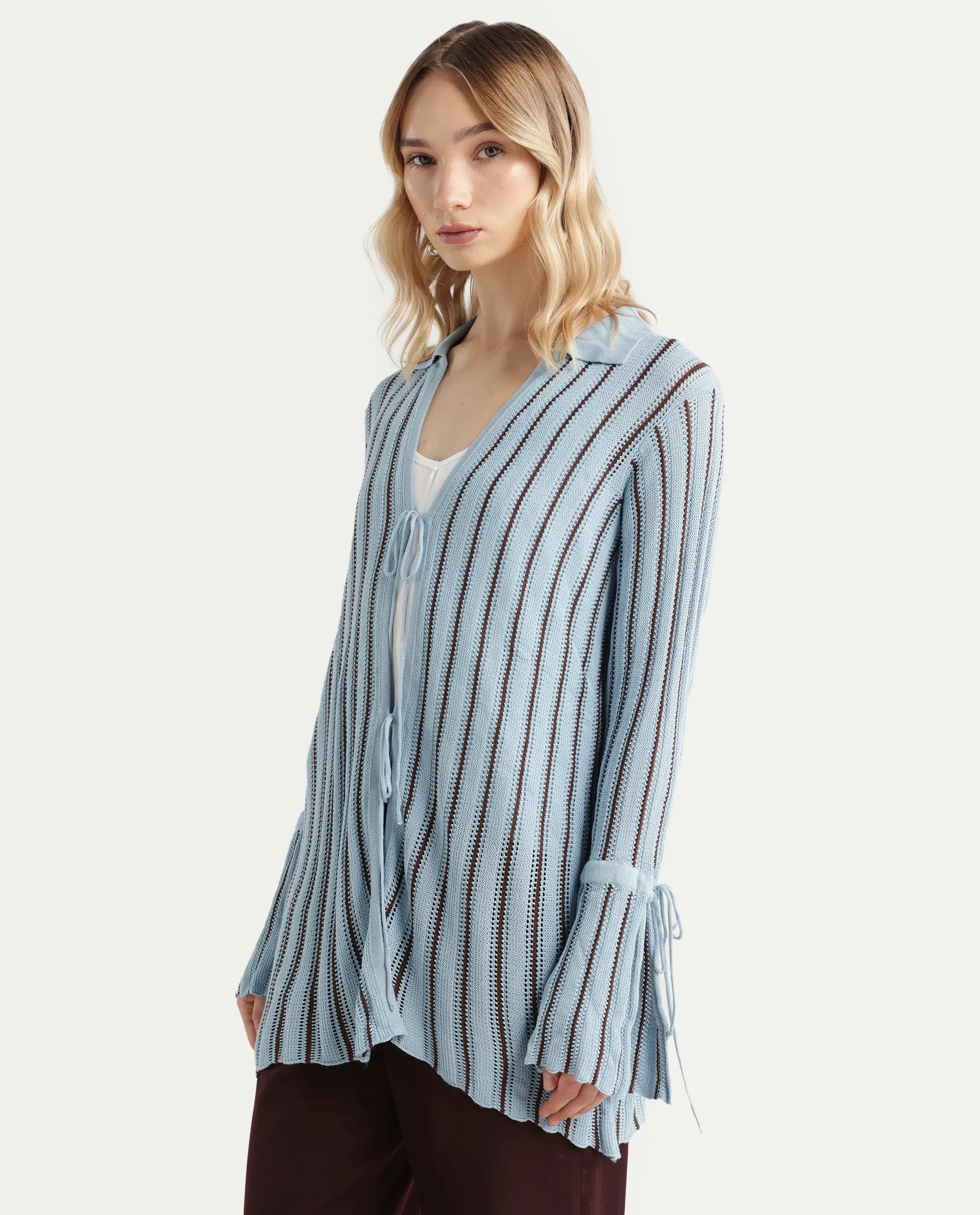 Rareism Women's Kentya Light Blue Viscose Johnny Collar Striped Regular Fit Shrug