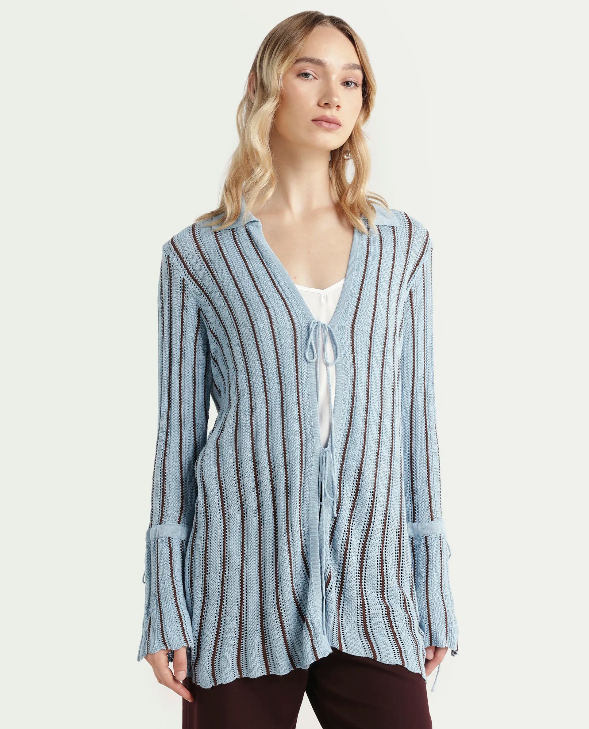 Rareism Women's Kentya Light Blue Viscose Johnny Collar Striped Regular Fit Shrug