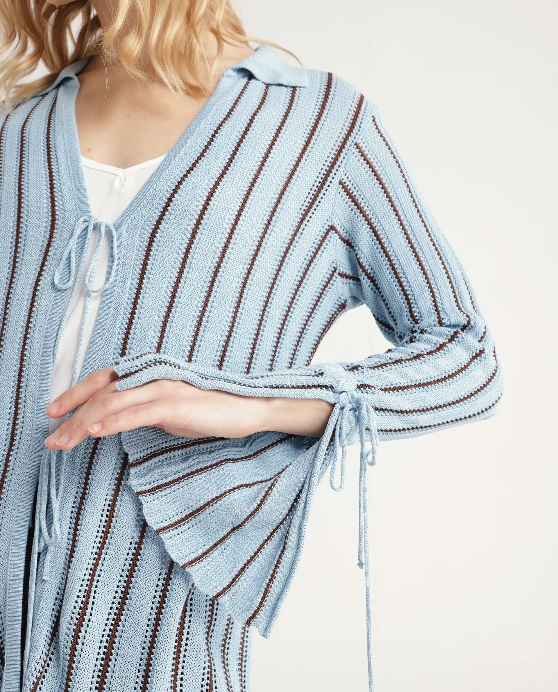 Rareism Women's Kentya Light Blue Viscose Johnny Collar Striped Regular Fit Shrug
