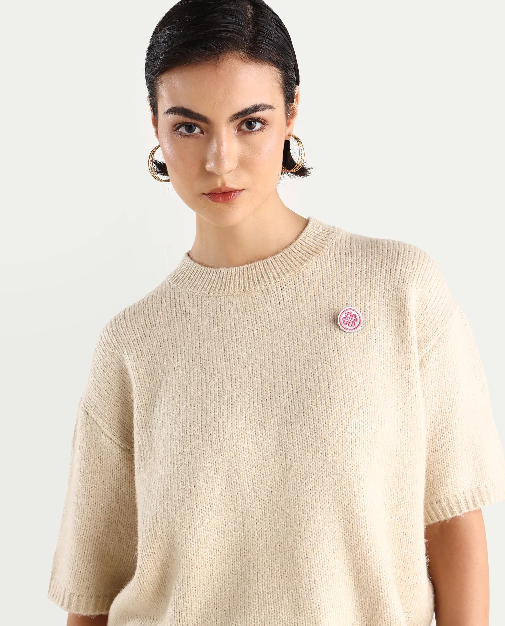 Rareism Women's Kenty Light Beige Acrylic Crew Neck Striped Crop Relaxed Fit Sweater