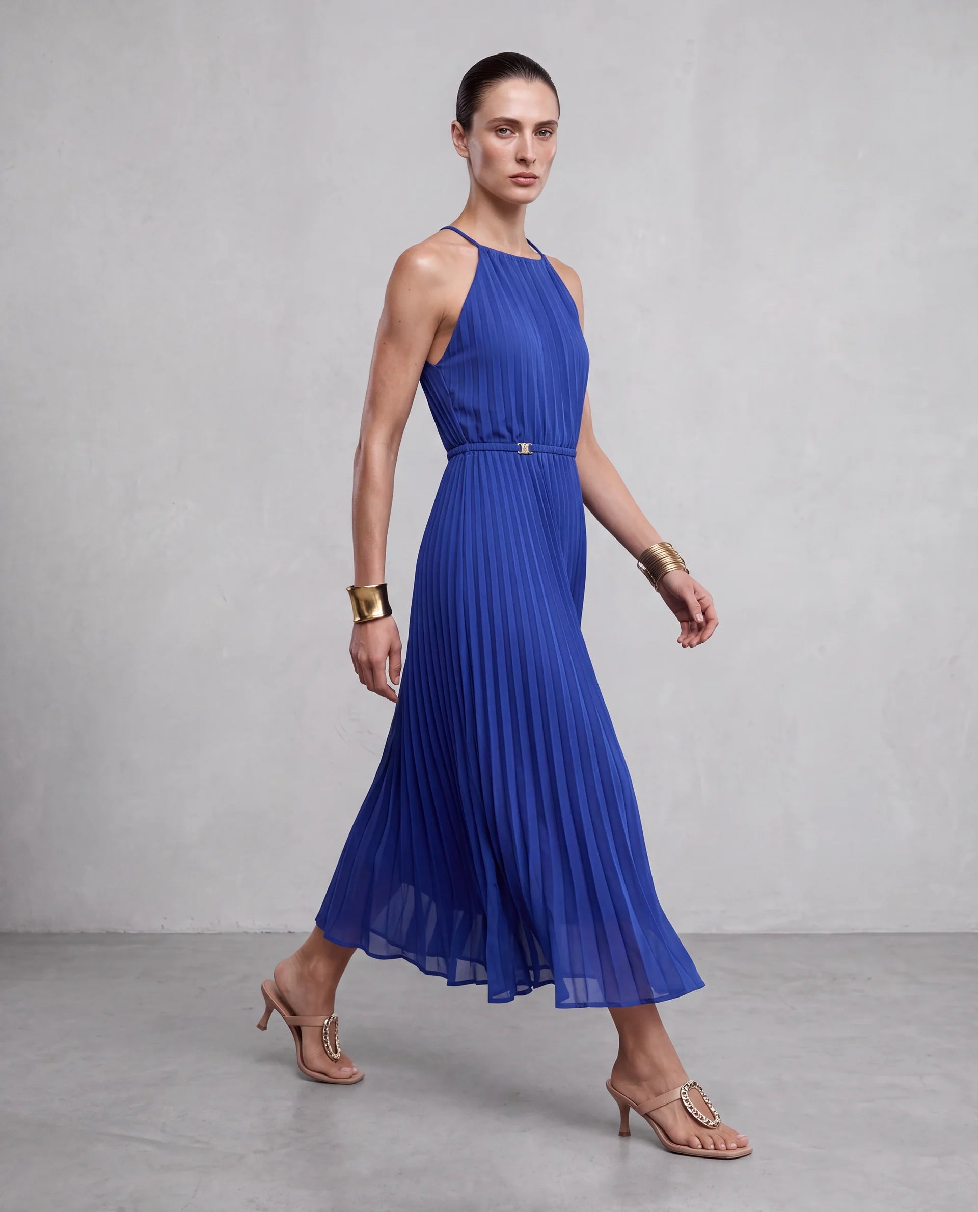 Rareism Women's Keplet Blue Polyester Halter Neck A-Line Plain Dress