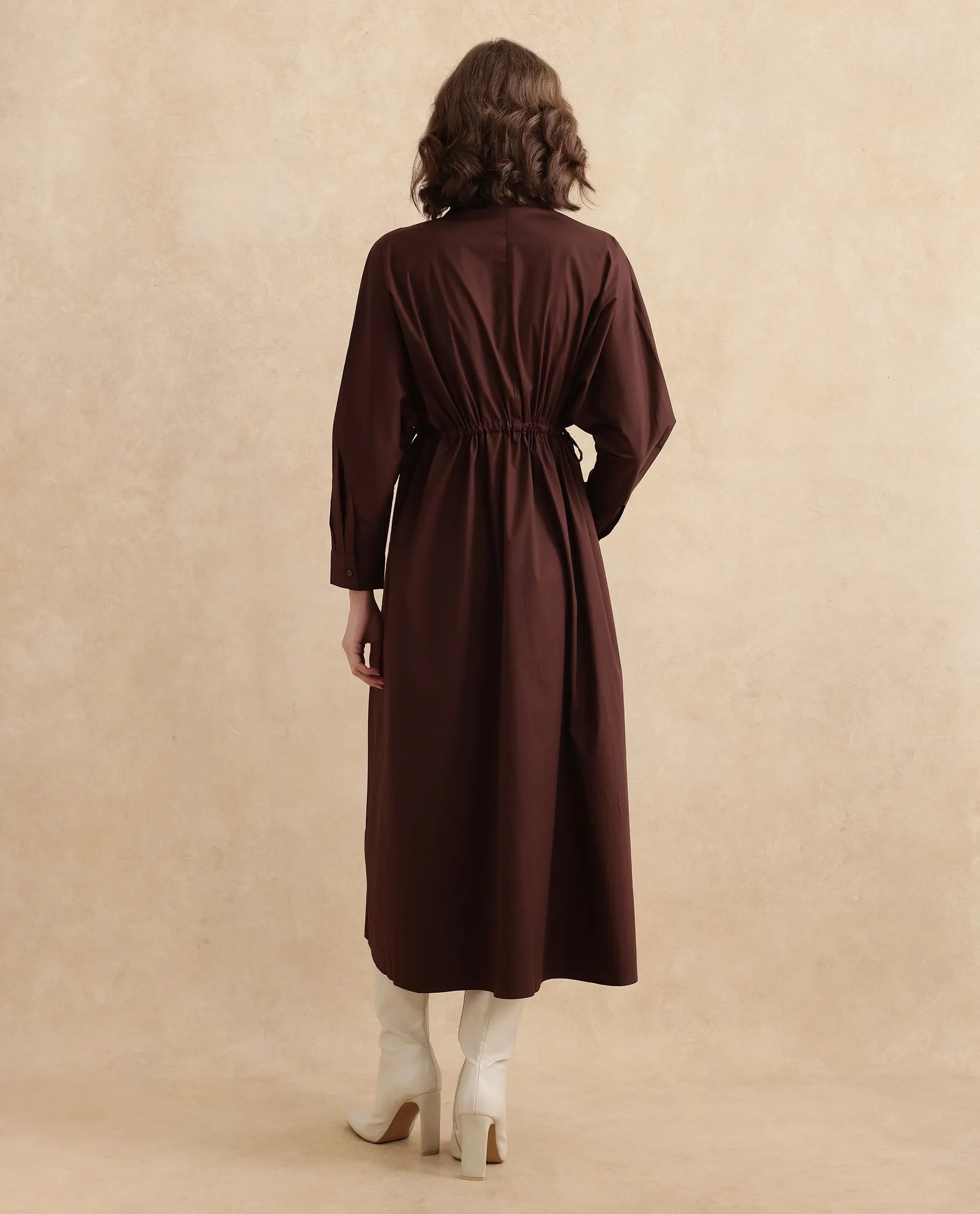 Rareism Women's Kercet Brown Cotton Blend Spread Collar Plain Kimono Sleeve Maxi Fit And Flare Dress
