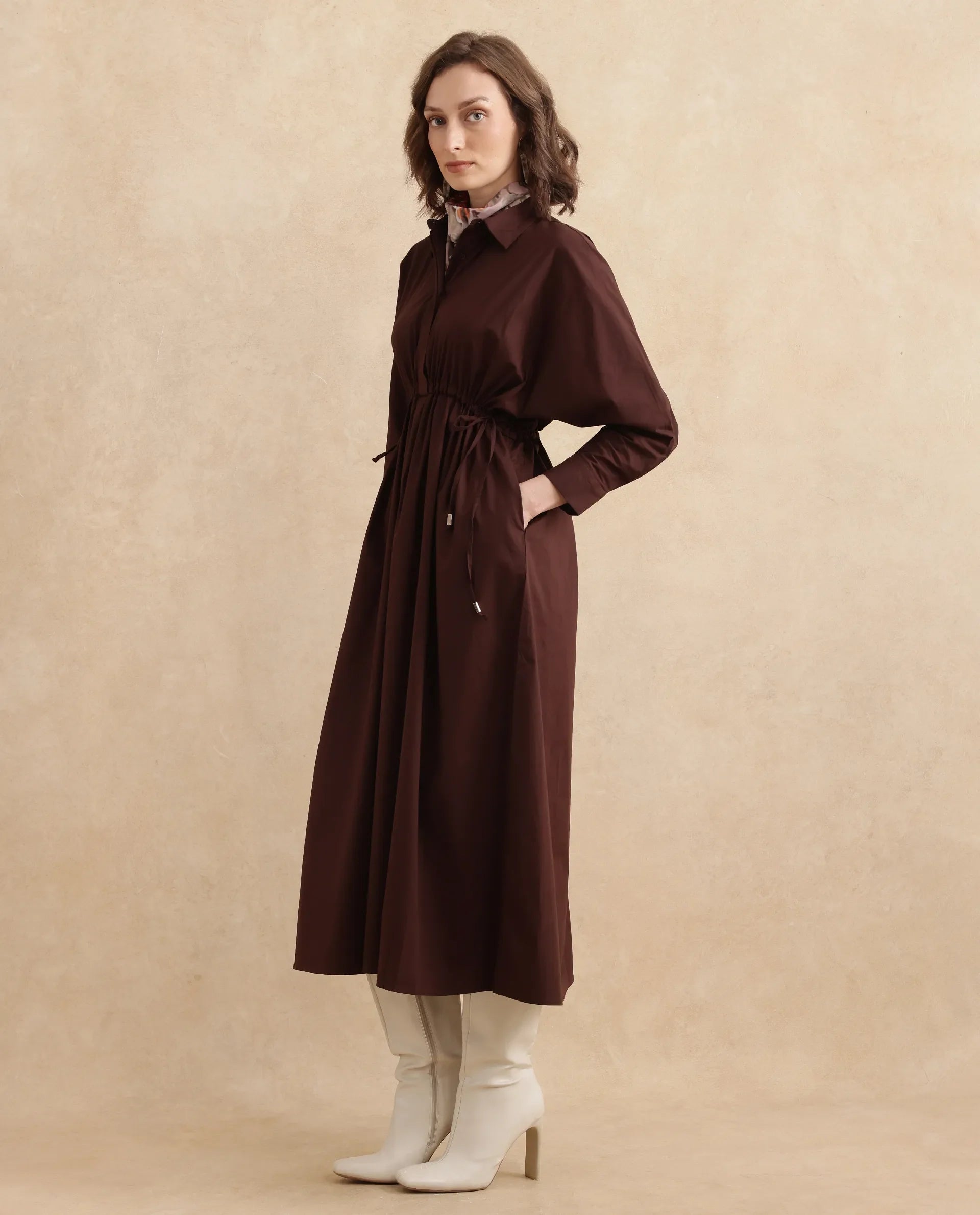 Rareism Women's Kercet Brown Cotton Blend Spread Collar Plain Kimono Sleeve Maxi Fit And Flare Dress