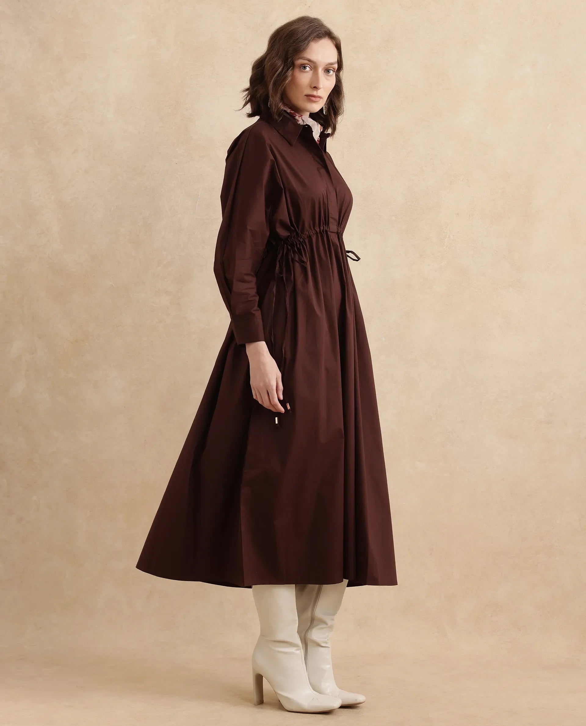 Rareism Women's Kercet Brown Cotton Blend Spread Collar Plain Kimono Sleeve Maxi Fit And Flare Dress