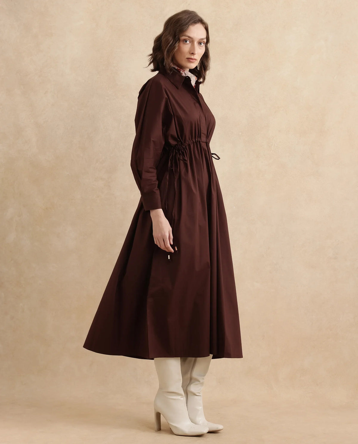 Rareism Women Kercet Brown Kimono Sleeve Collared Neck Fit & Flare Maxi Plain Dress