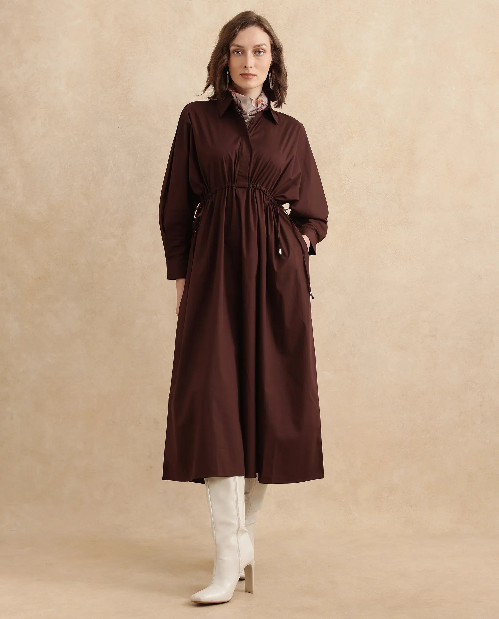 Rareism Women's Kercet Brown Cotton Blend Spread Collar Plain Kimono Sleeve Maxi Fit And Flare Dress