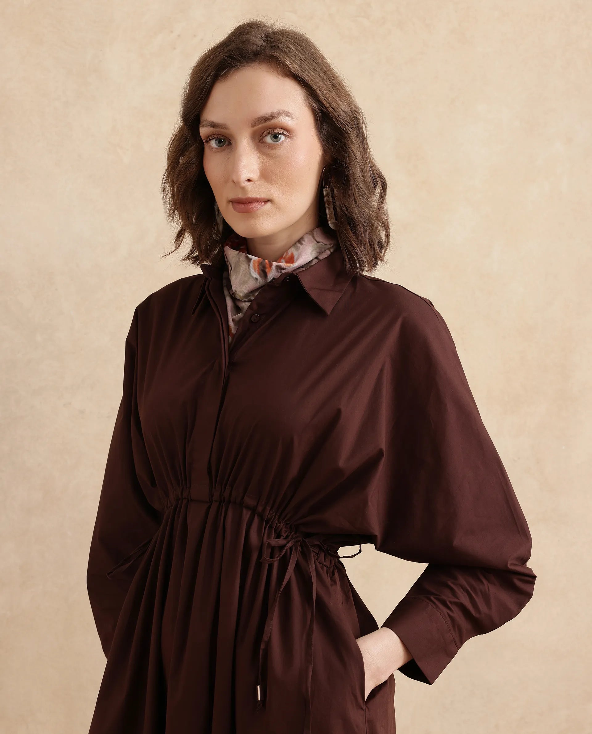 Rareism Women's Kercet Brown Cotton Blend Spread Collar Plain Kimono Sleeve Maxi Fit And Flare Dress