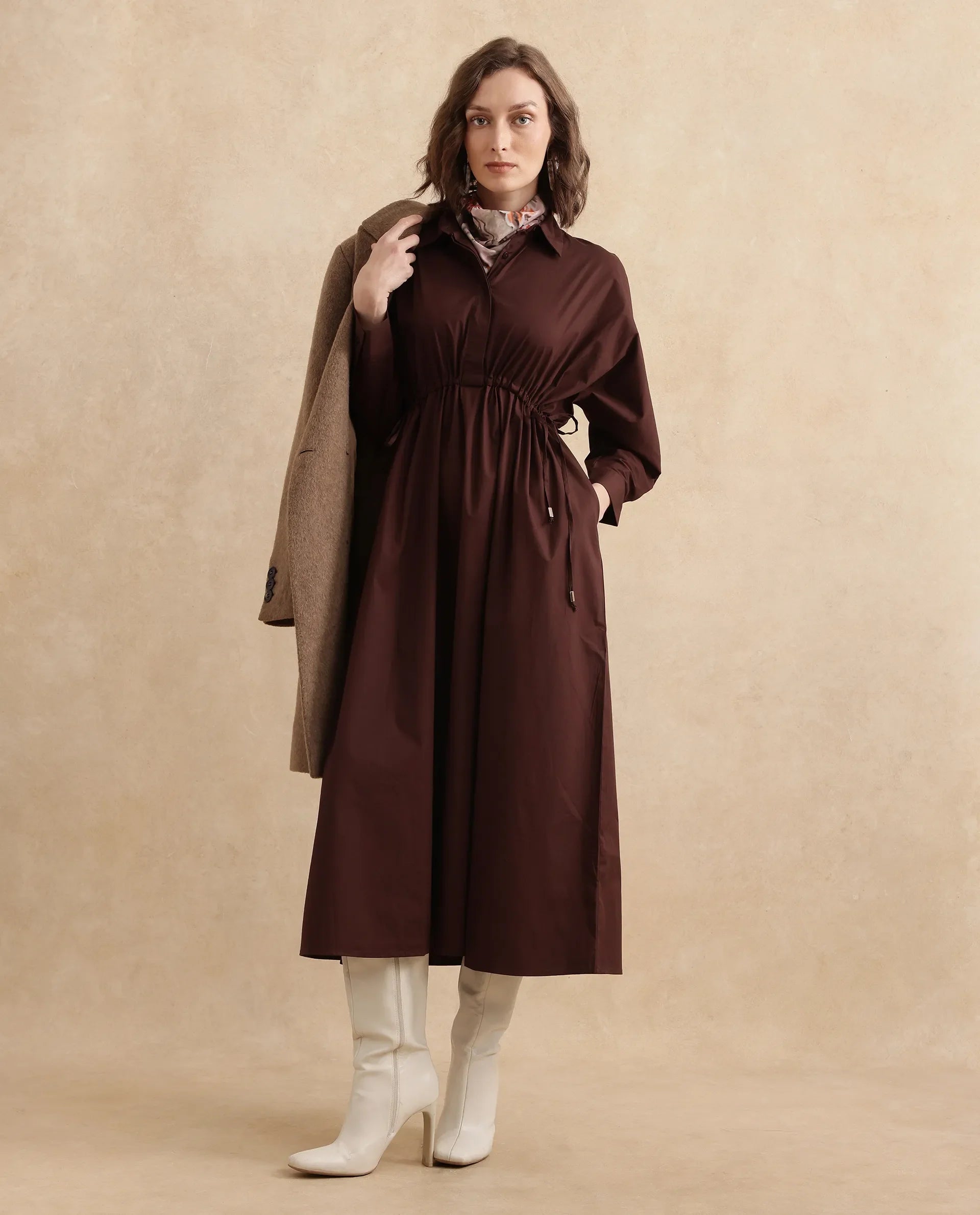 Rareism Women's Kercet Brown Cotton Blend Spread Collar Plain Kimono Sleeve Maxi Fit And Flare Dress