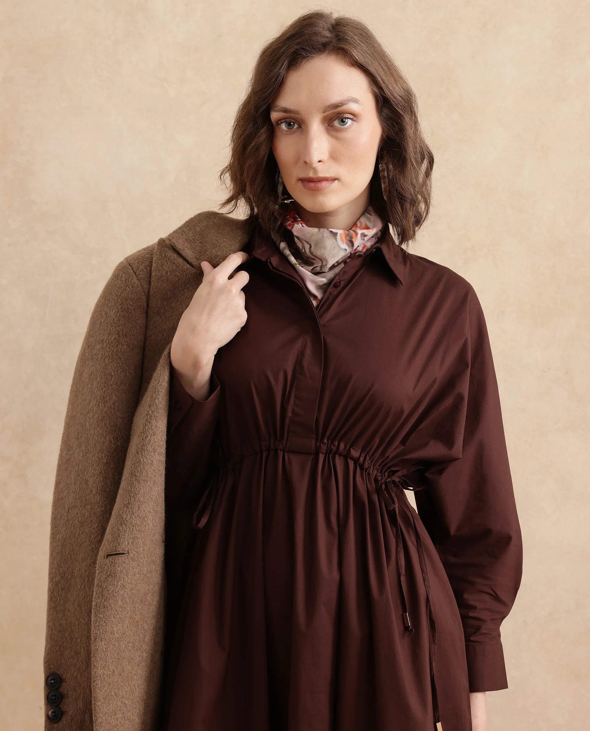 Rareism Women's Kercet Brown Cotton Blend Spread Collar Plain Kimono Sleeve Maxi Fit And Flare Dress