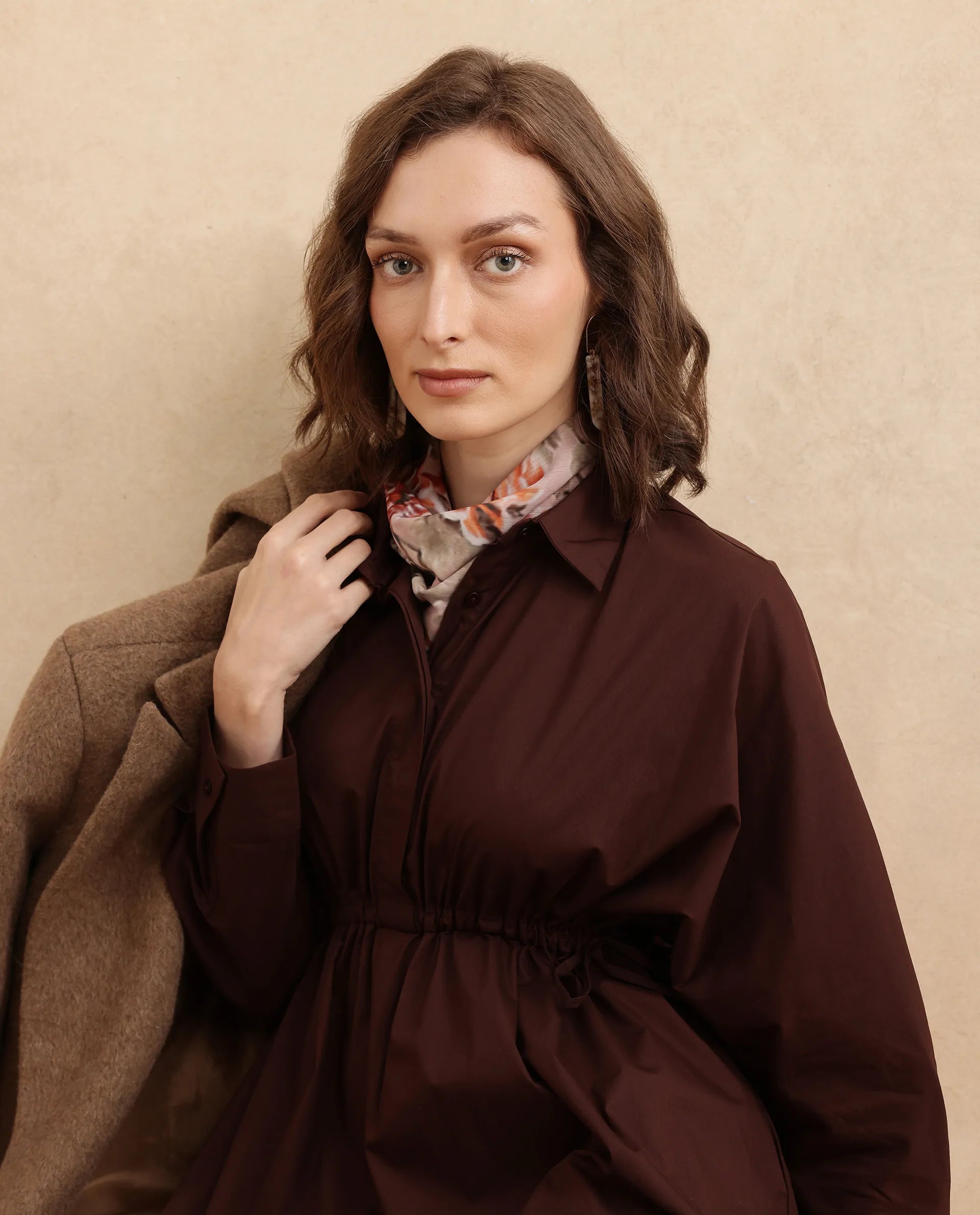 Rareism Women's Kercet Brown Cotton Blend Spread Collar Plain Kimono Sleeve Maxi Fit And Flare Dress