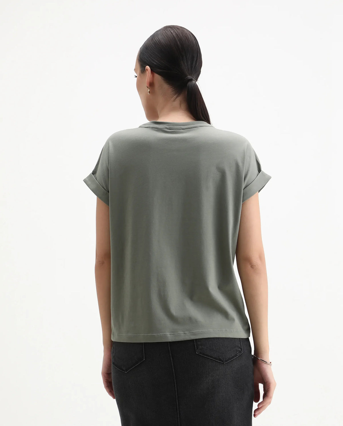 Rareism Women's Kerl Dusky Green Cotton Blend Crew Neck Relaxed Fit T-Shirt