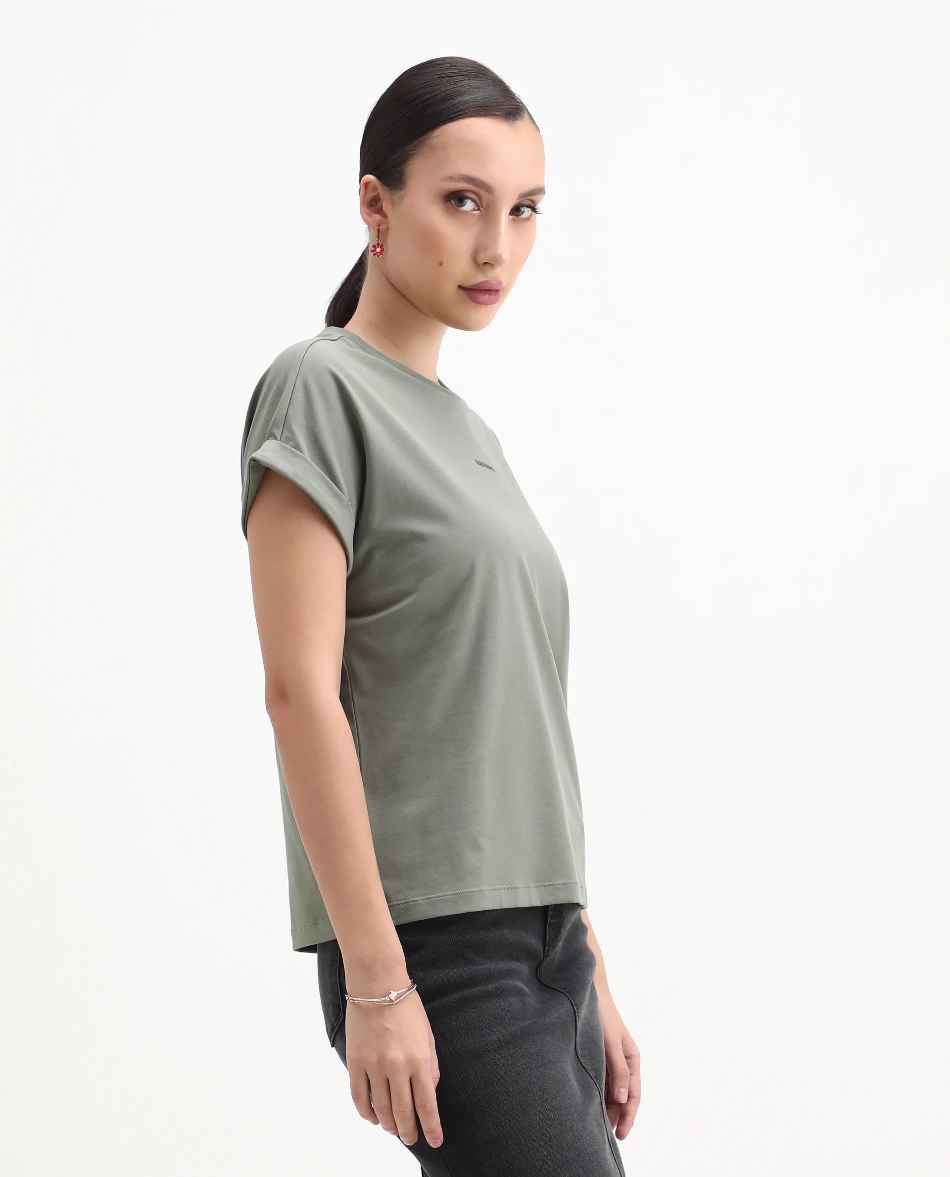 Rareism Women's Kerl Dusky Green Cotton Blend Crew Neck Relaxed Fit T-Shirt