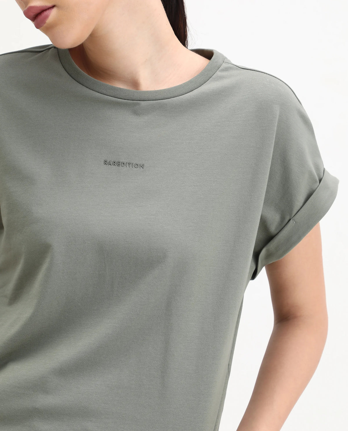 Rareism Women's Kerl Dusky Green Cotton Blend Crew Neck Relaxed Fit T-Shirt