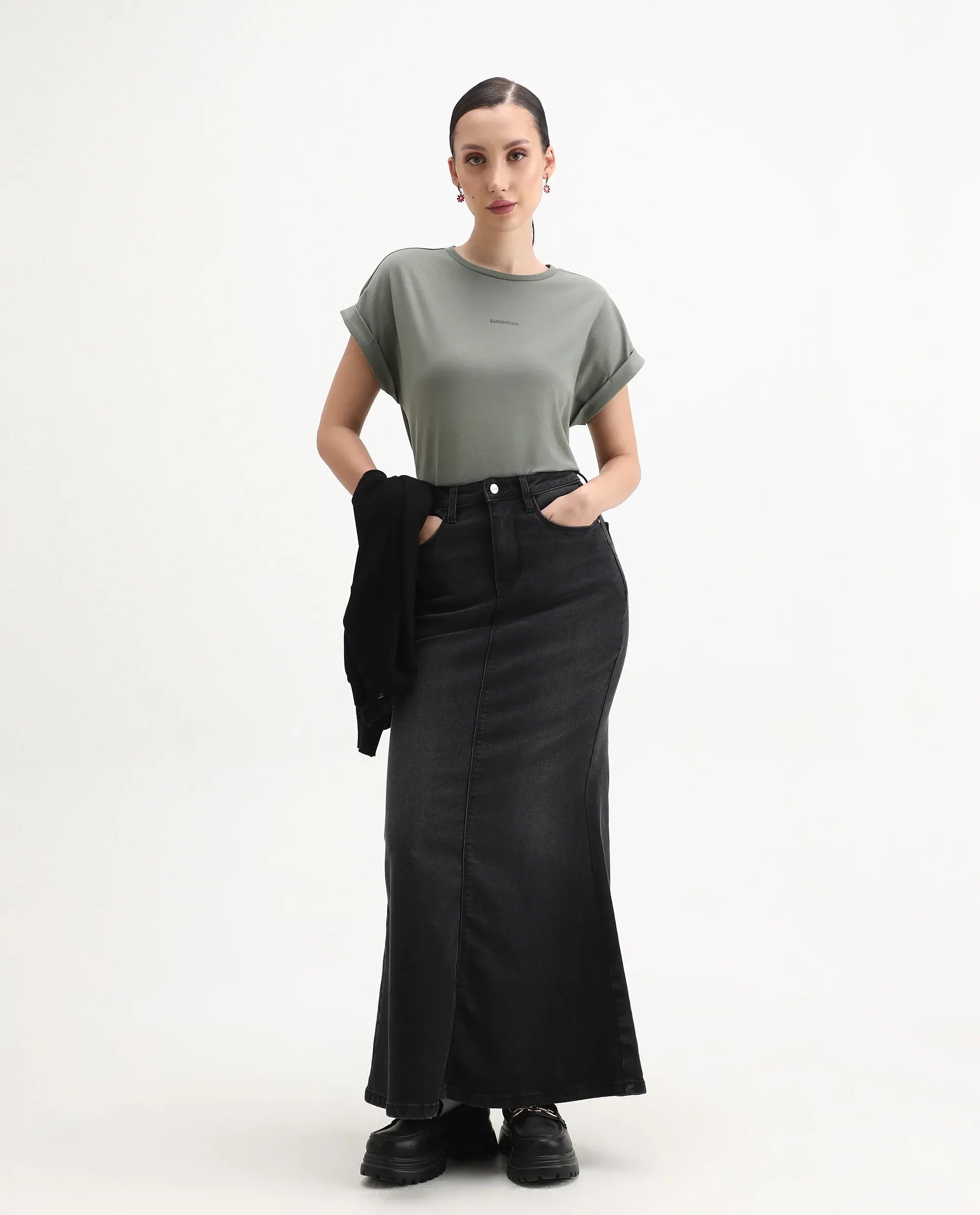 Rareism Women's Kerl Dusky Green Cotton Blend Crew Neck Relaxed Fit T-Shirt