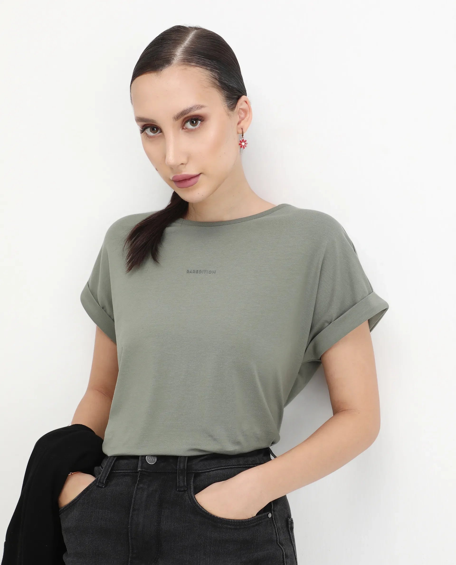 Rareism Women's Kerl Dusky Green Cotton Blend Crew Neck Relaxed Fit T-Shirt