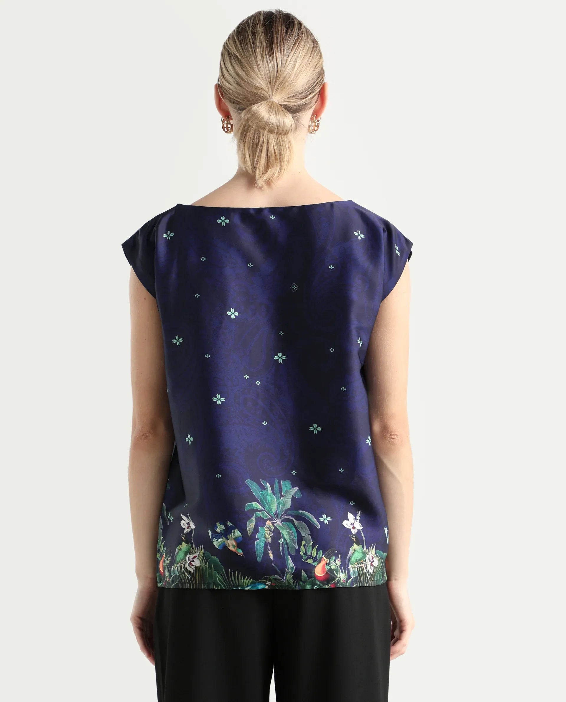 Rareism Women's Kern Navy Polyester Boat Neck Floral Print Extended Sleeves Regular Fit Top