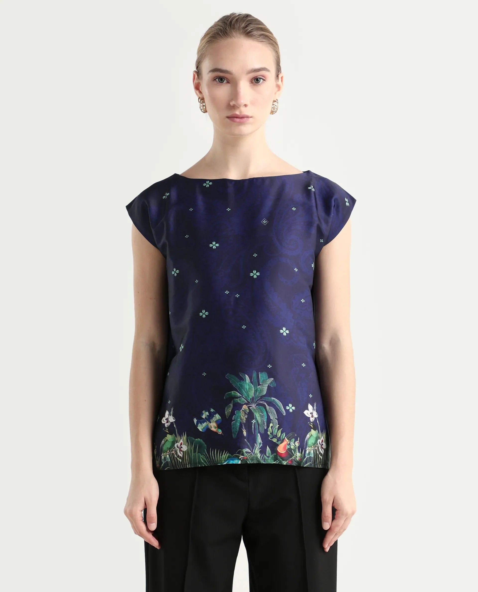 Rareism Women's Kern Navy Polyester Boat Neck Floral Print Extended Sleeves Regular Fit Top