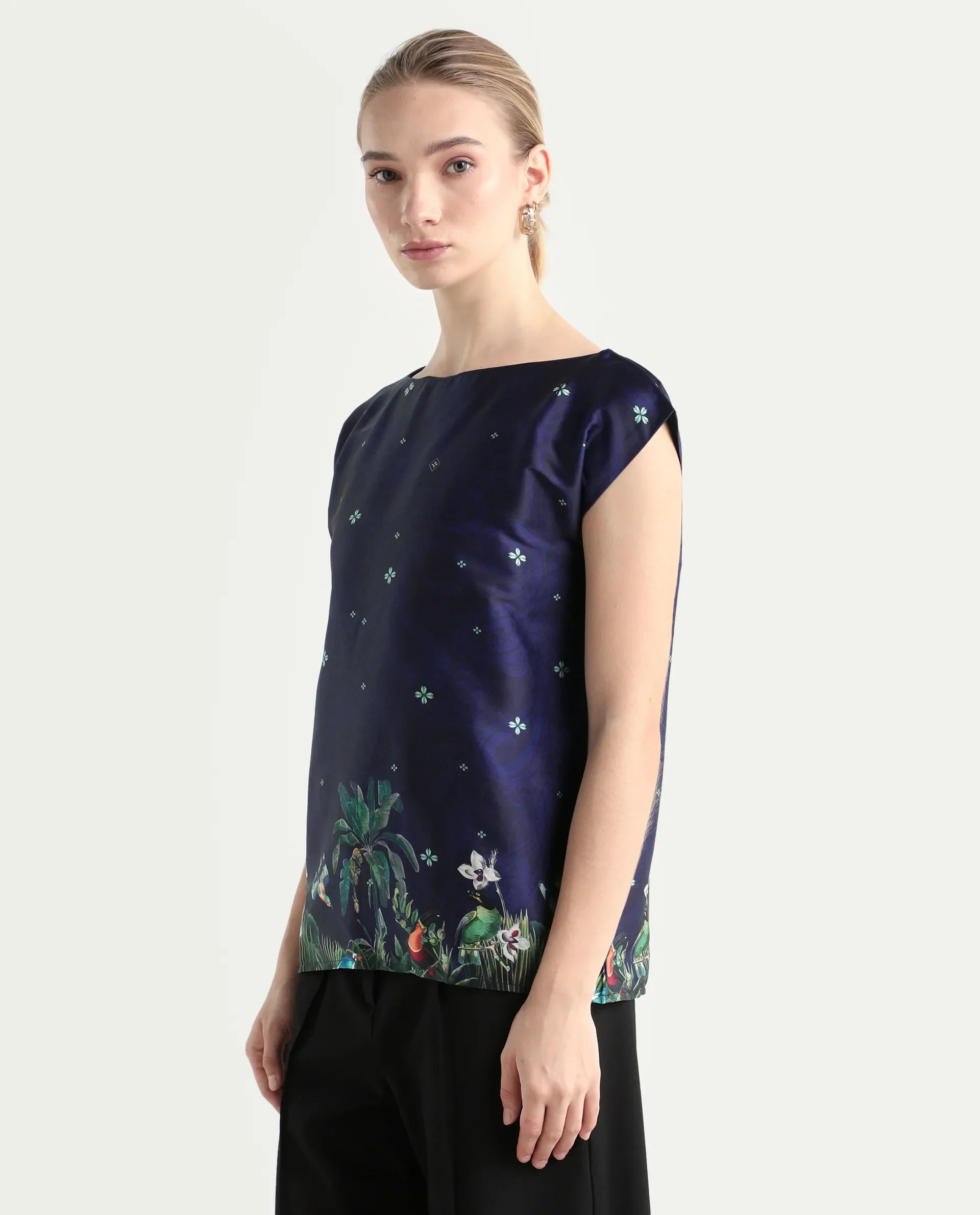 Rareism Women's Kern Navy Polyester Boat Neck Floral Print Extended Sleeves Regular Fit Top