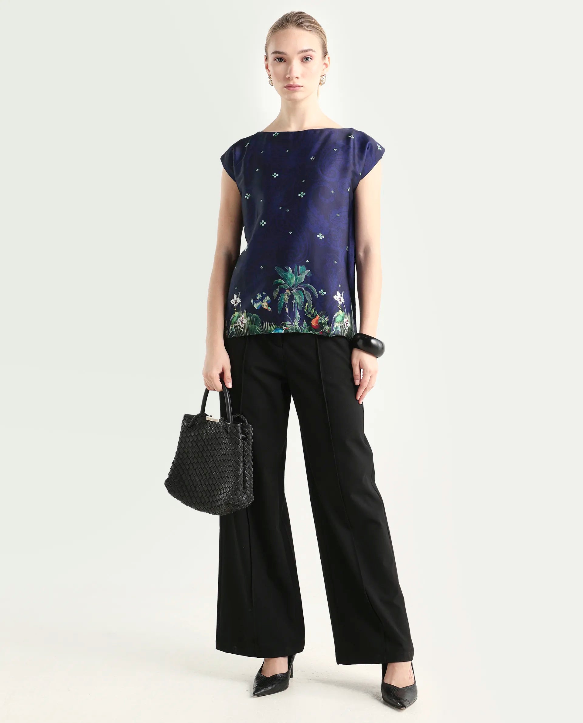 Rareism Women's Kern Navy Polyester Boat Neck Floral Print Extended Sleeves Regular Fit Top