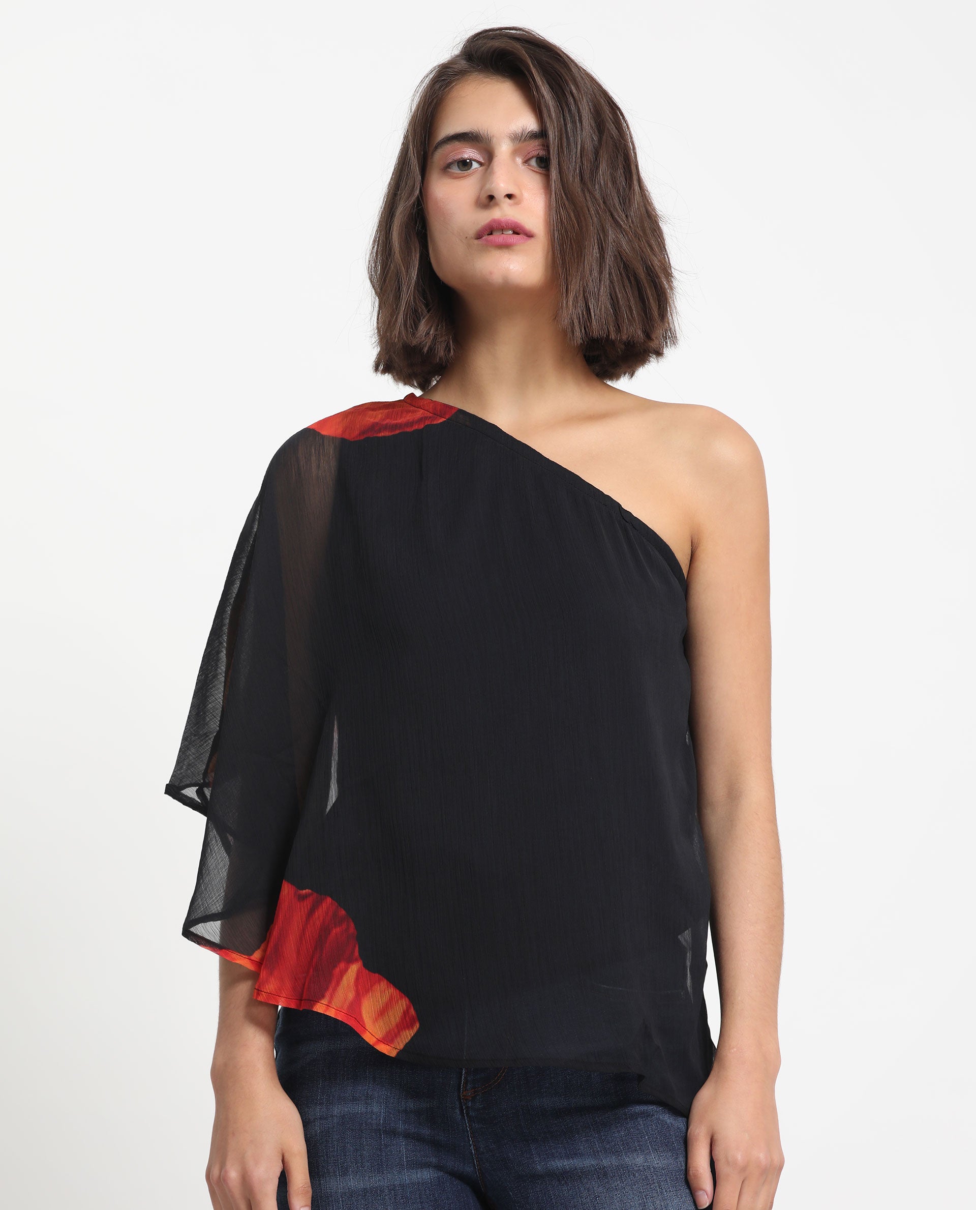 Rareism Women's Kente Black Polyester Tube Neck Floral Print Flared Sleeve Slim Fit Top