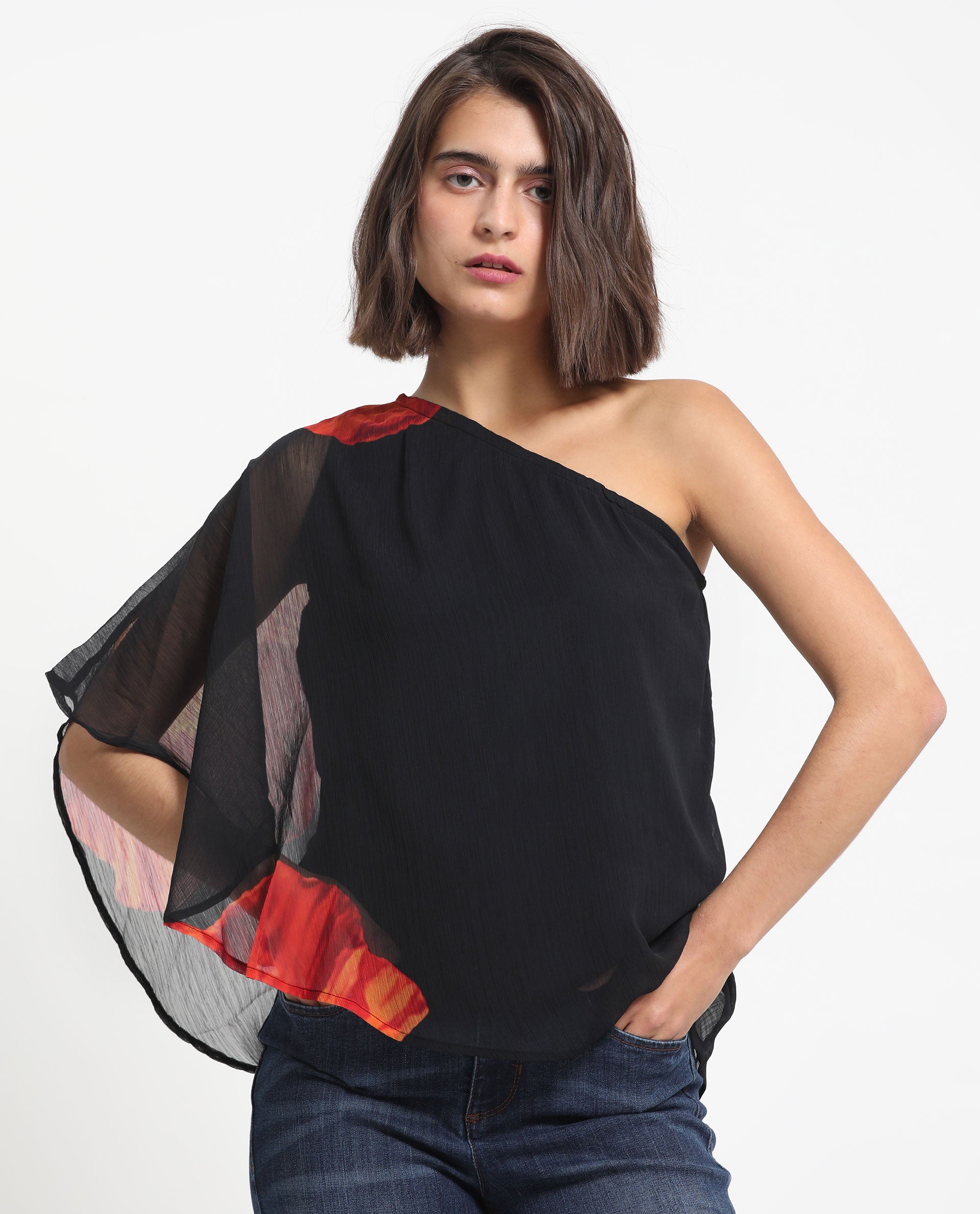 Rareism Women's Kente Black Polyester Tube Neck Floral Print Flared Sleeve Slim Fit Top