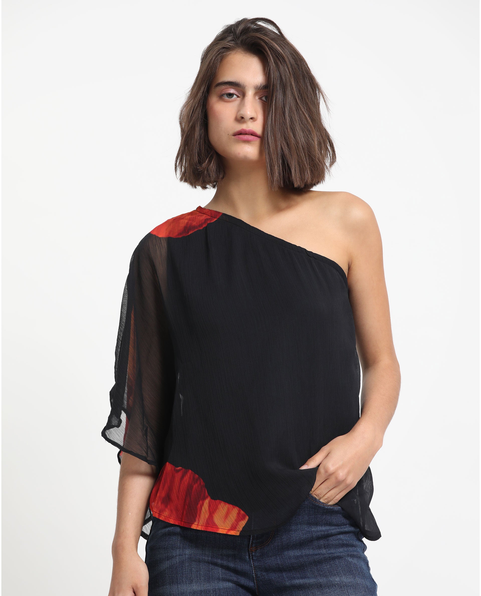 Rareism Women's Kente Black Polyester Tube Neck Floral Print Flared Sleeve Slim Fit Top