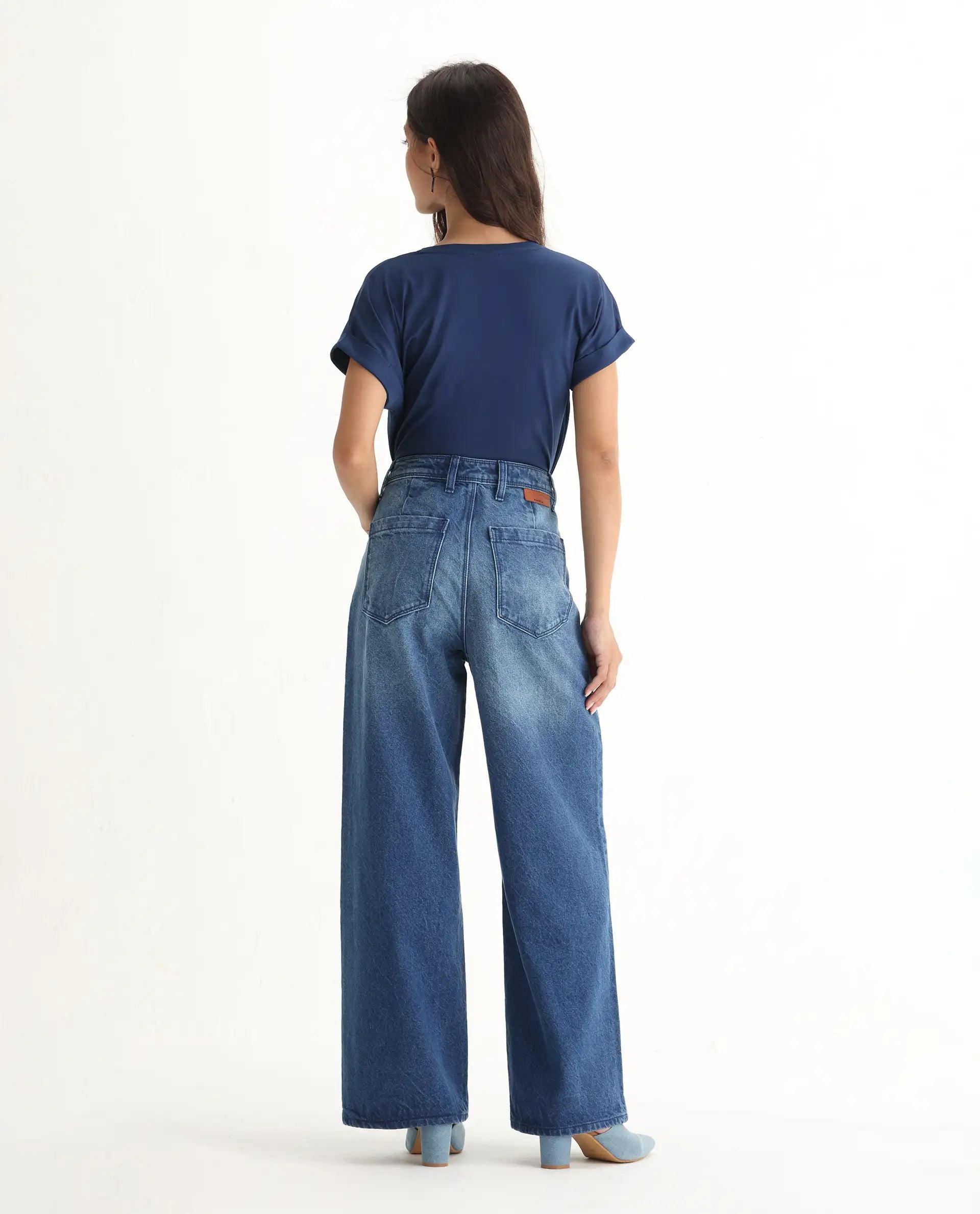 Rareism Women's Kikoi Blue Cotton Blend Plain Ankle Length Effortless Wide Jeans