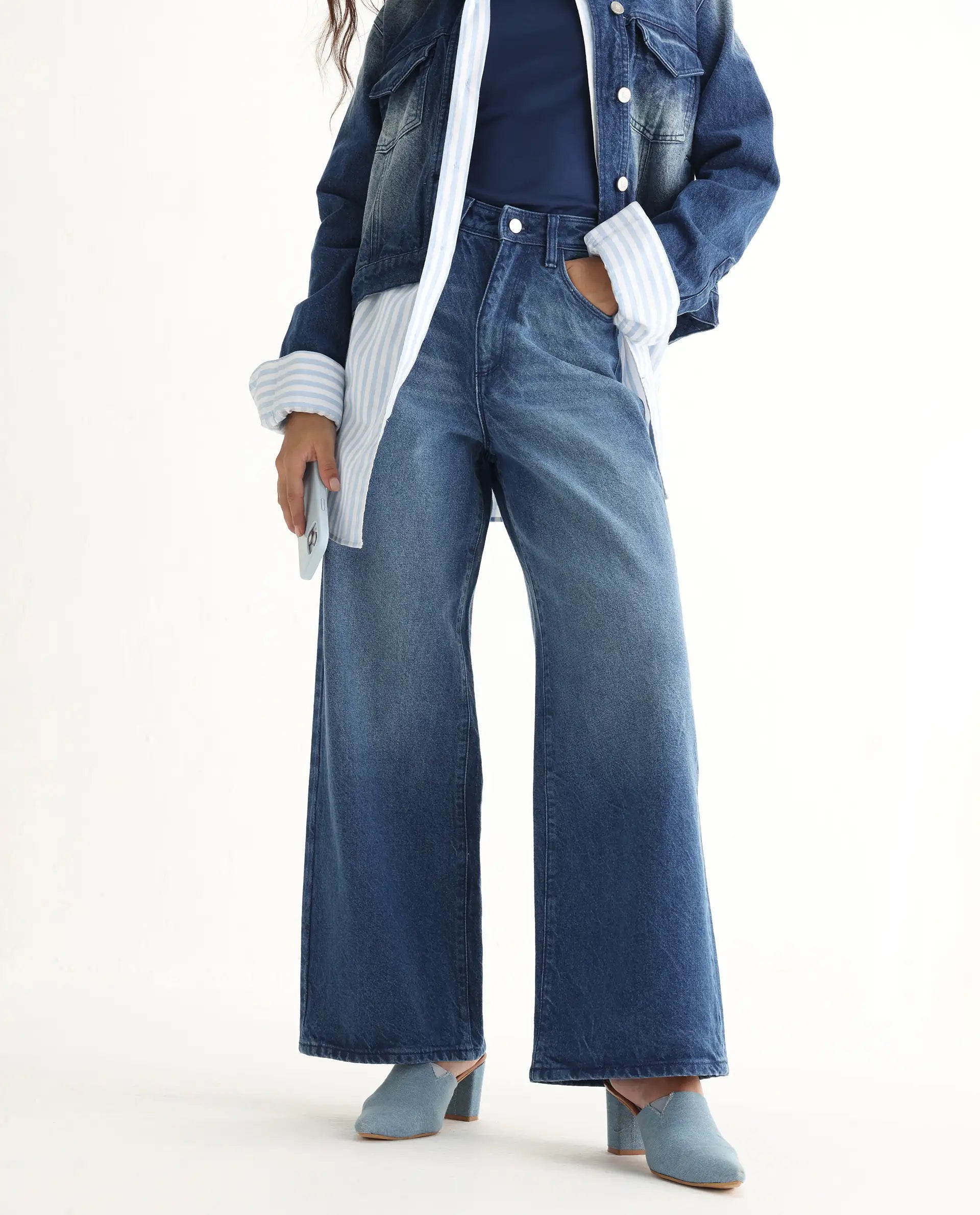 Rareism Women's Kikoi Blue Cotton Blend Plain Ankle Length Effortless Wide Jeans