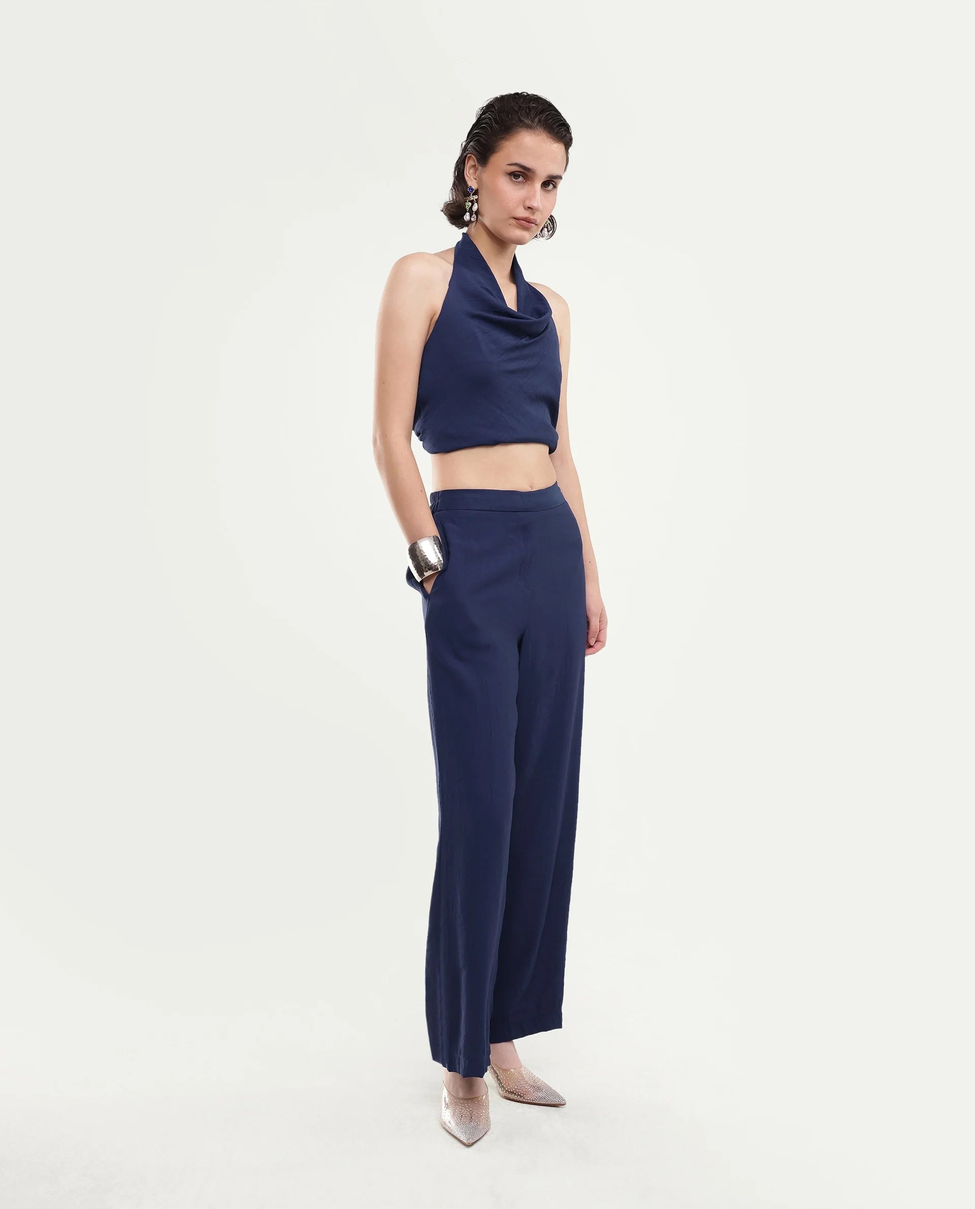 Rareism Women's Kimo-B Navy Nylon Blend Fabric Regular Plain Trouser