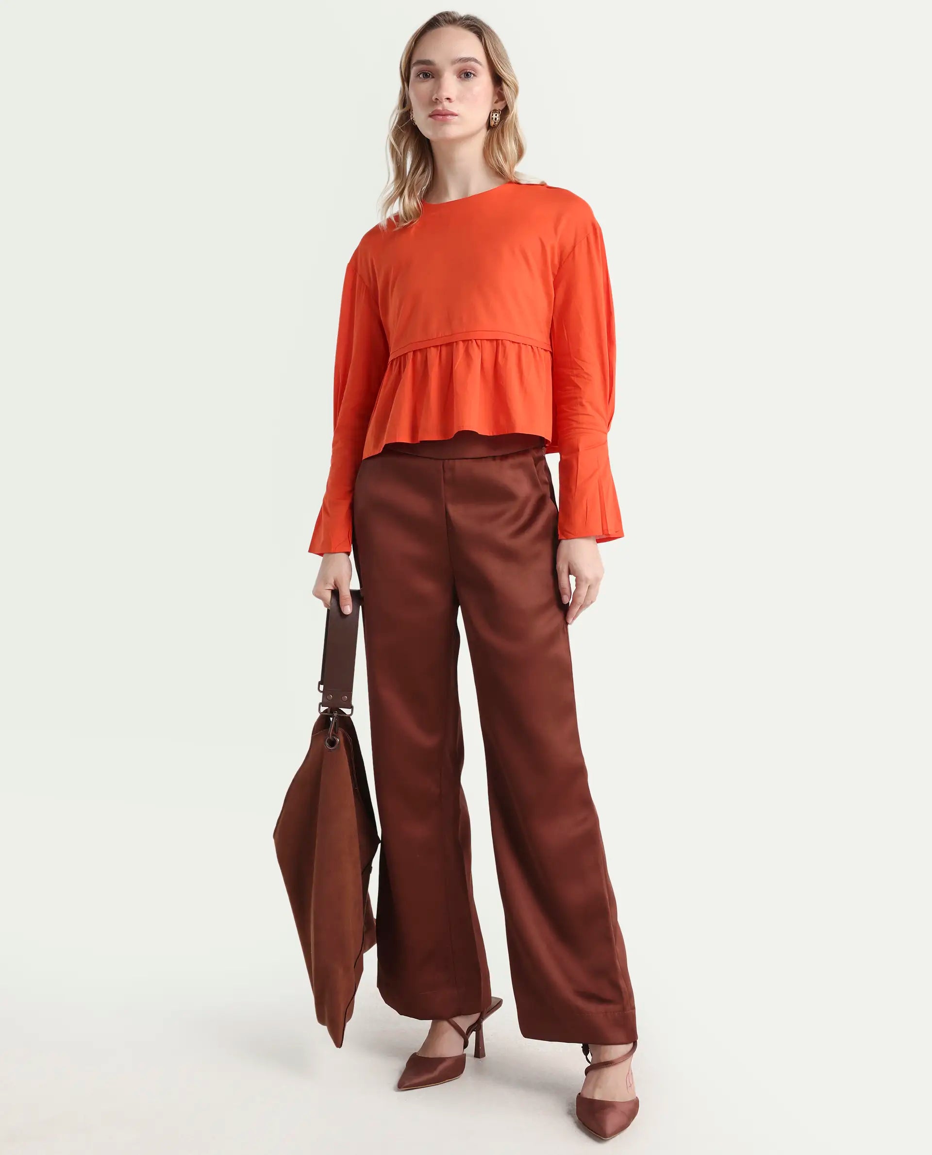 Rareism Women's Kingwell Orange Cotton Crew Neck Plain Relaxed Fit Top