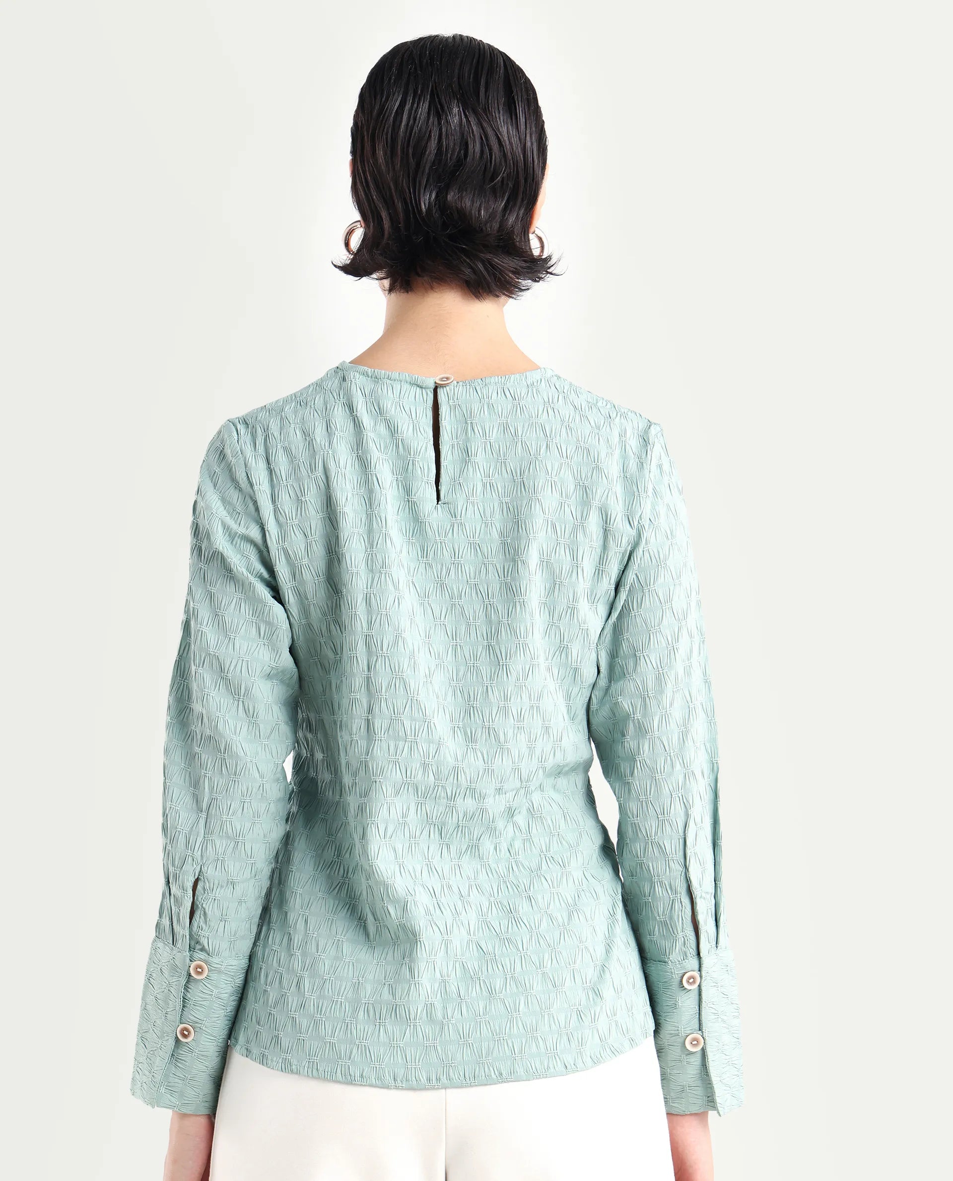 Rareism Women's Kiop Green Polyester Crew Neck Plain Cuffed Sleeve Regular Fit Top