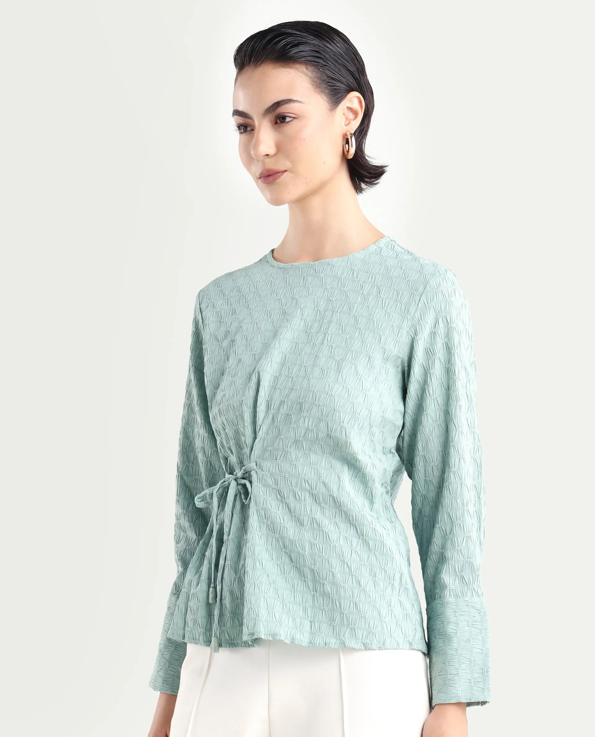 Rareism Women's Kiop Green Polyester Crew Neck Plain Cuffed Sleeve Regular Fit Top