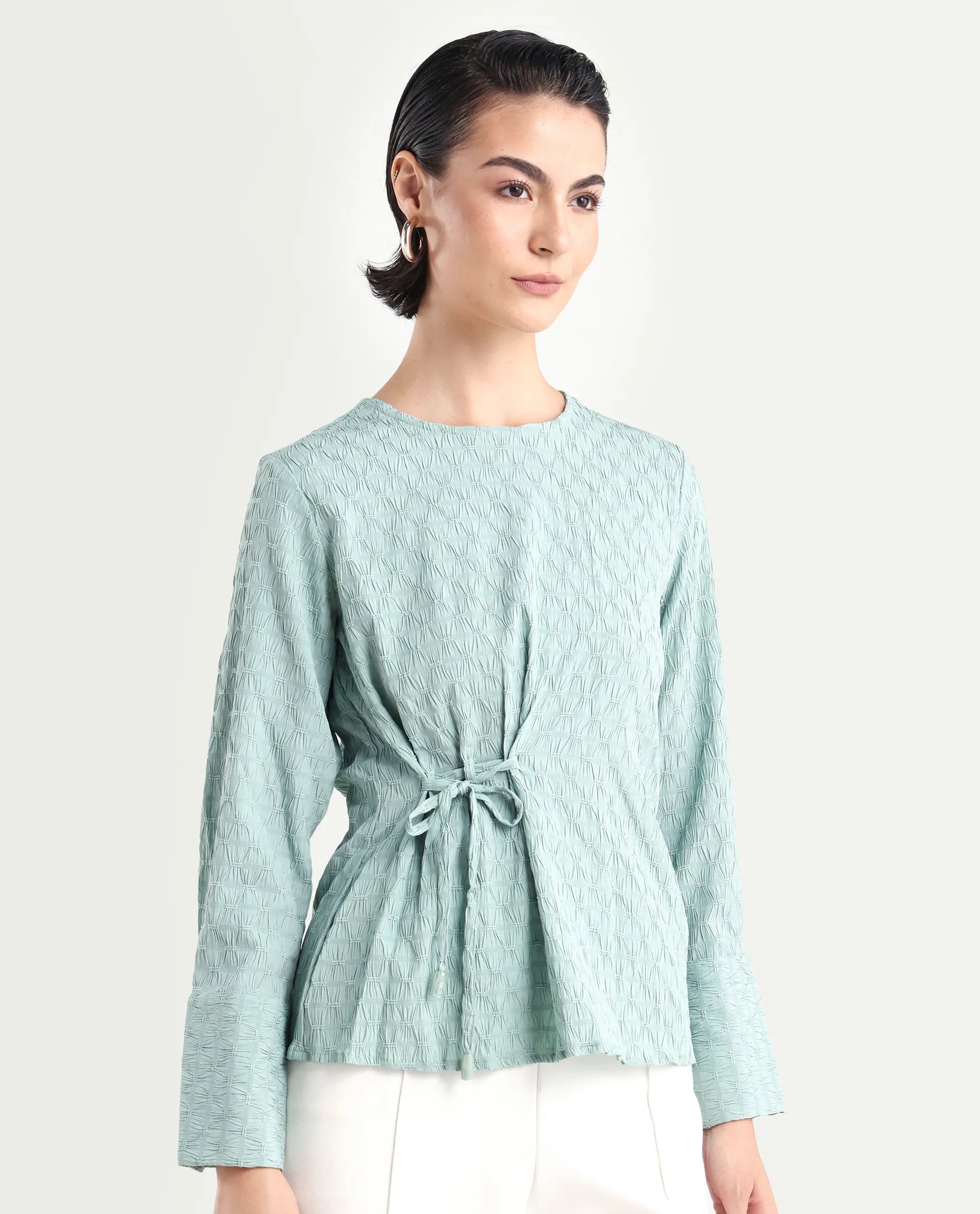 Rareism Women's Kiop Green Polyester Crew Neck Plain Cuffed Sleeve Regular Fit Top