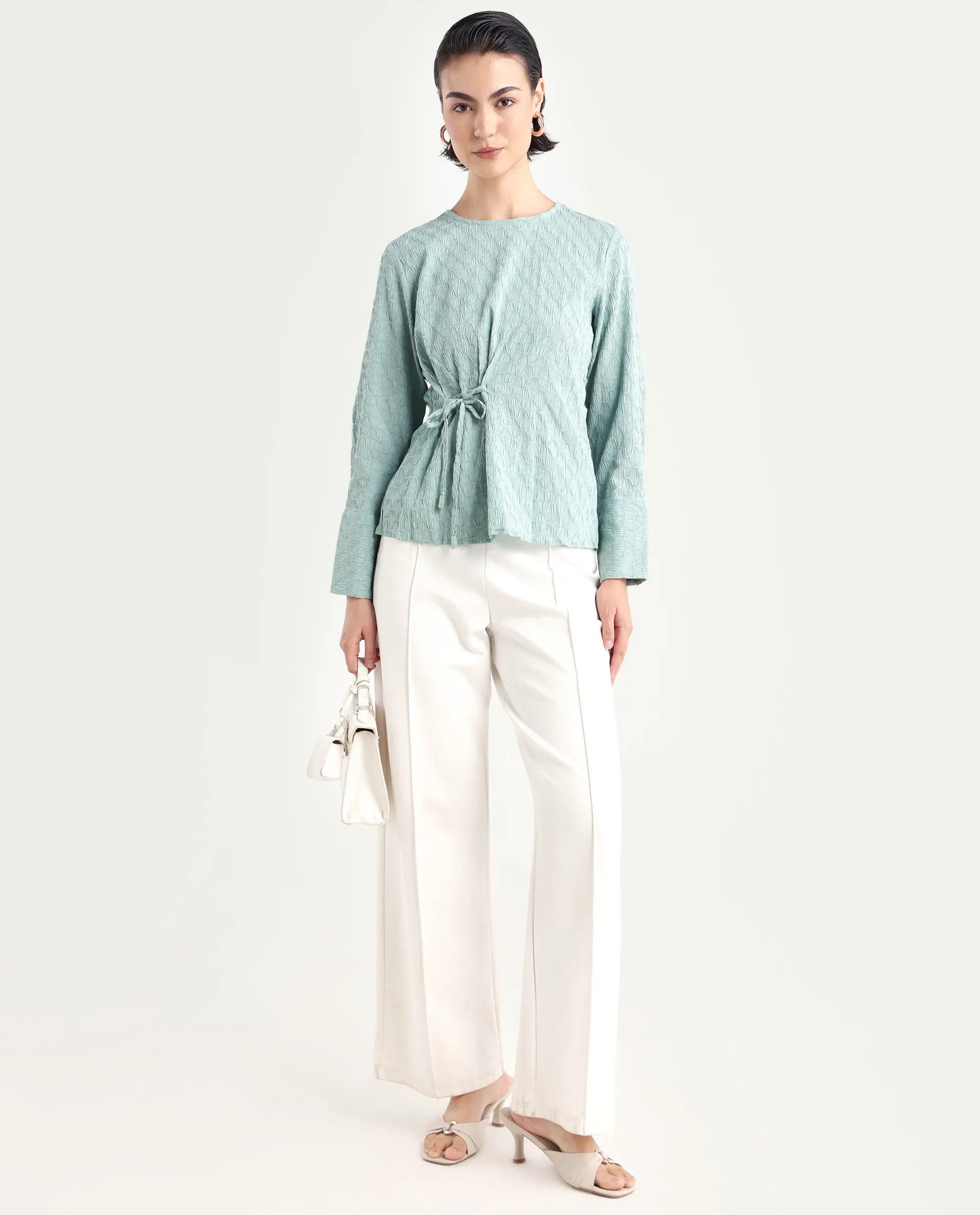 Rareism Women's Kiop Green Polyester Crew Neck Plain Cuffed Sleeve Regular Fit Top