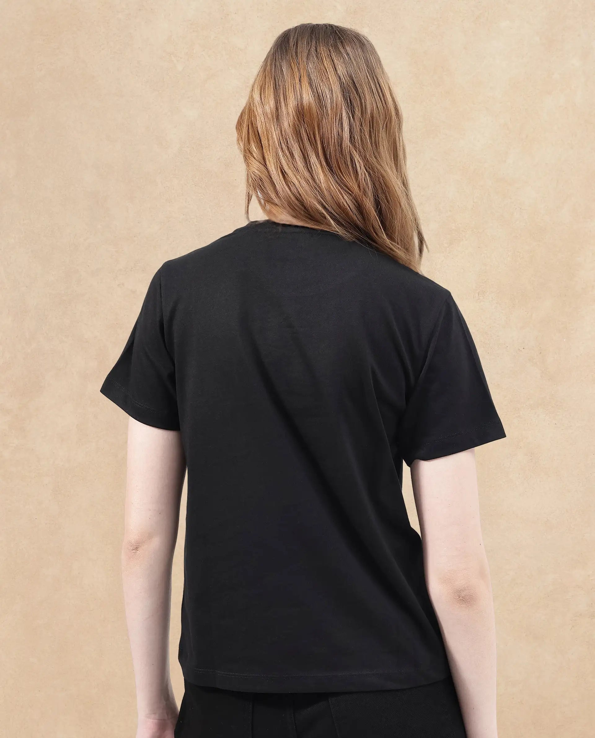 Rareism Women's Kirk Black Cotton Blend Crew Neck Graphic Print Regular Fit T-Shirt