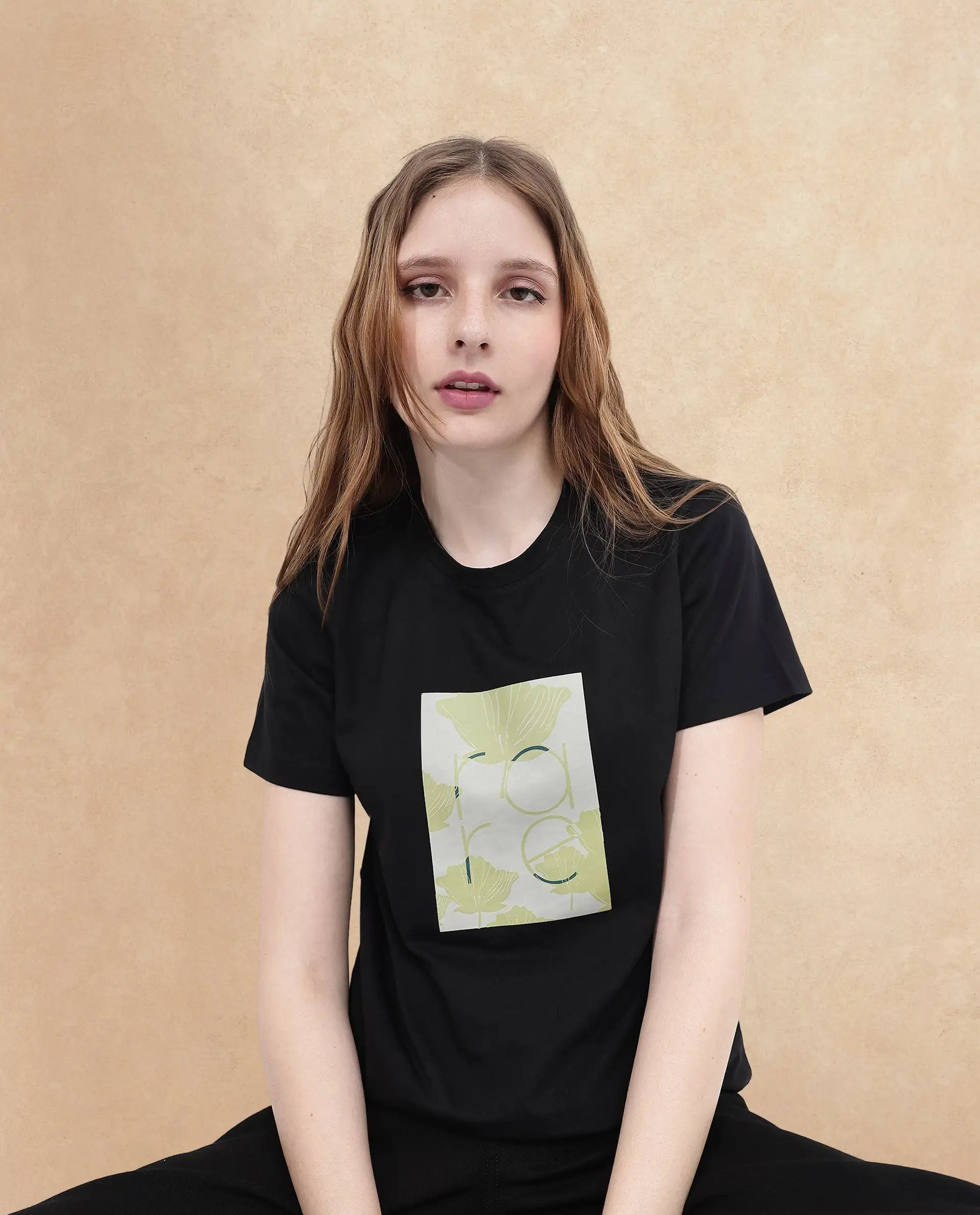 Rareism Women's Kirk Black Cotton Blend Crew Neck Graphic Print Regular Fit T-Shirt