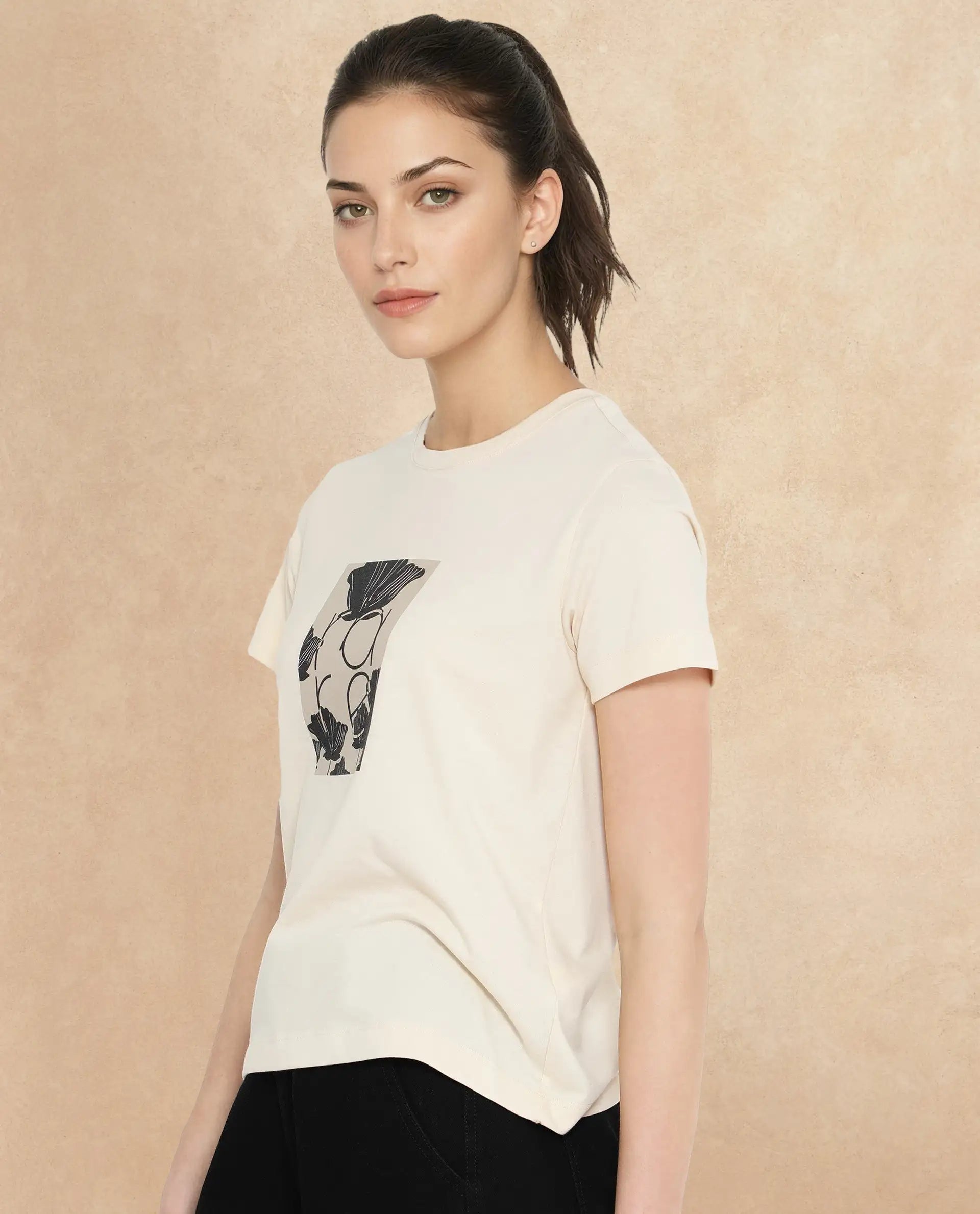 Rareism Women's Kirk Light Beige Cotton Blend Crew Neck Graphic Print Regular Fit T-Shirt