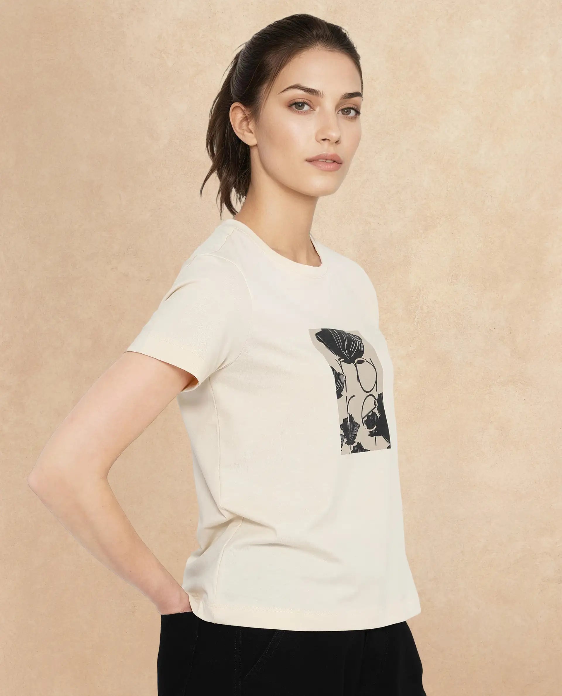 Rareism Women's Kirk Light Beige Cotton Blend Crew Neck Graphic Print Regular Fit T-Shirt