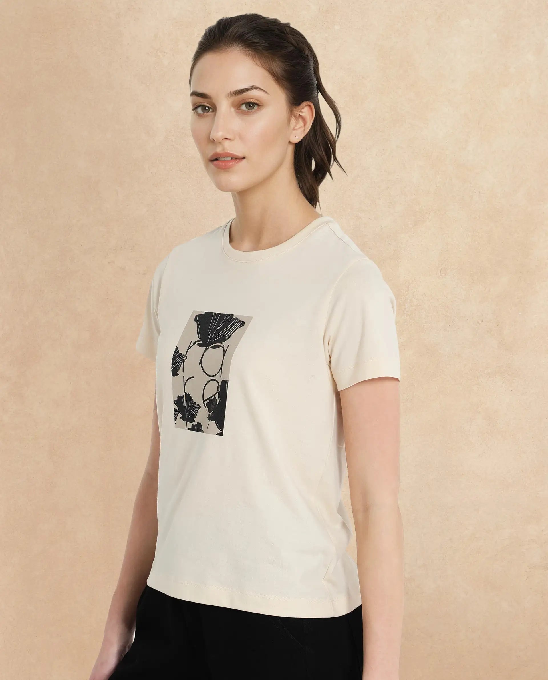 Rareism Women's Kirk Light Beige Cotton Blend Crew Neck Graphic Print Regular Fit T-Shirt