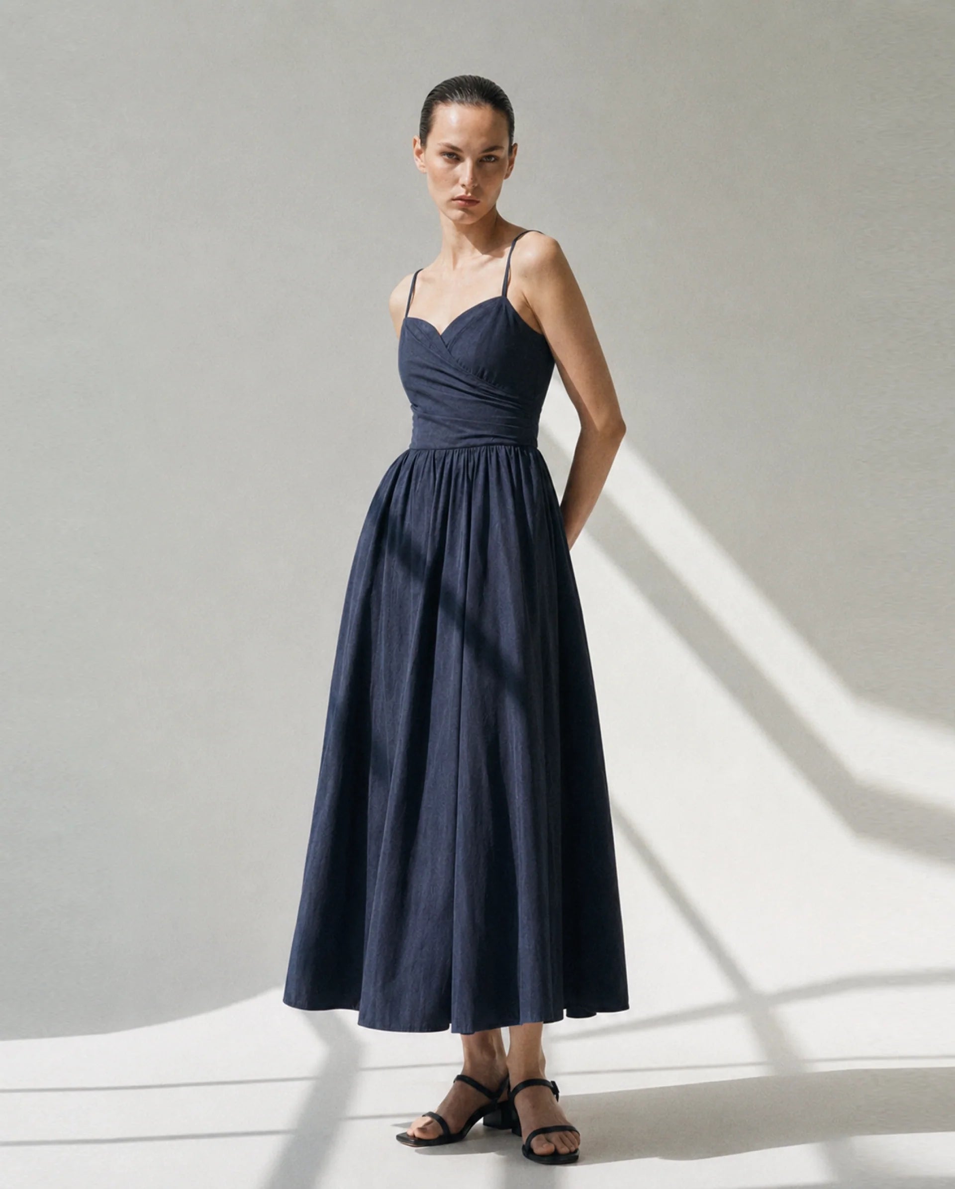 Rareism Women's Kivann Dark Blue Cotton Sweetheart Neck Fit And Flare Striped Dress