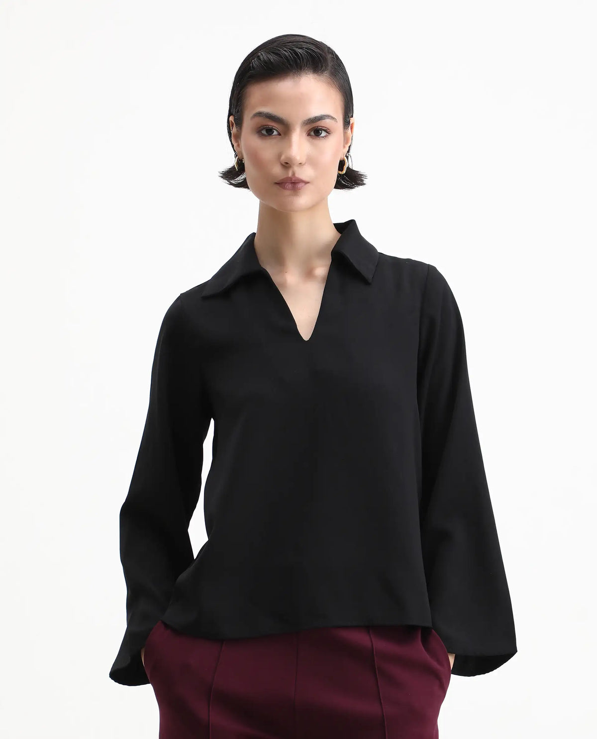 Rareism Women's Klamma Black Satin Johnny Collar Plain Regular Fit Top