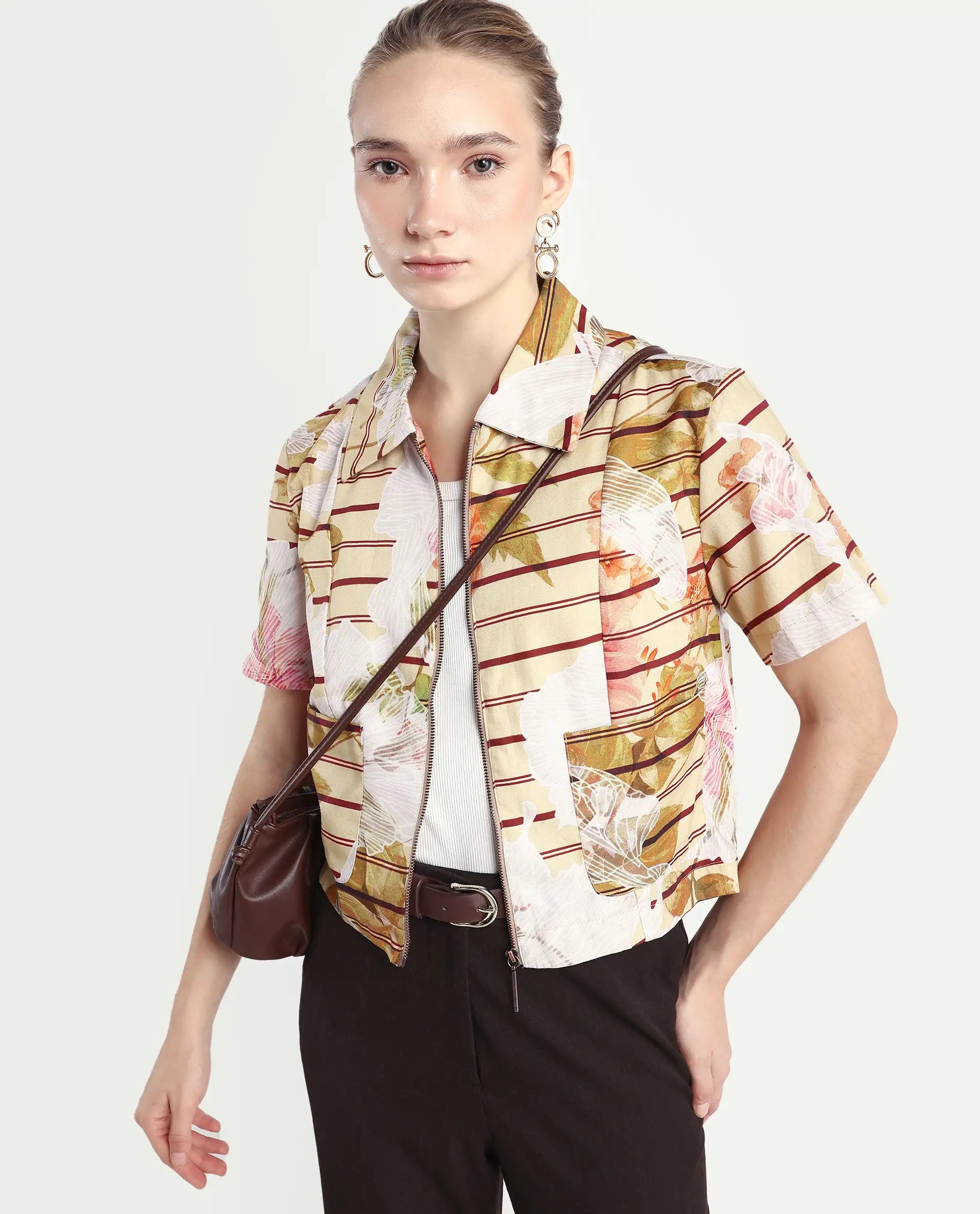 Rareism Women's Klapan Multi Viscose Blend Drop Collar Floral Print Crop Regular Fit Top