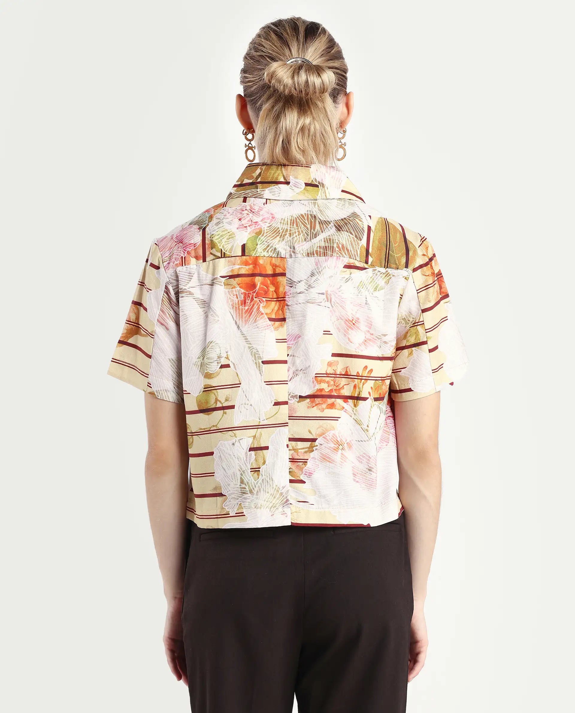 Rareism Women's Klapan Multi Viscose Blend Drop Collar Floral Print Crop Regular Fit Top