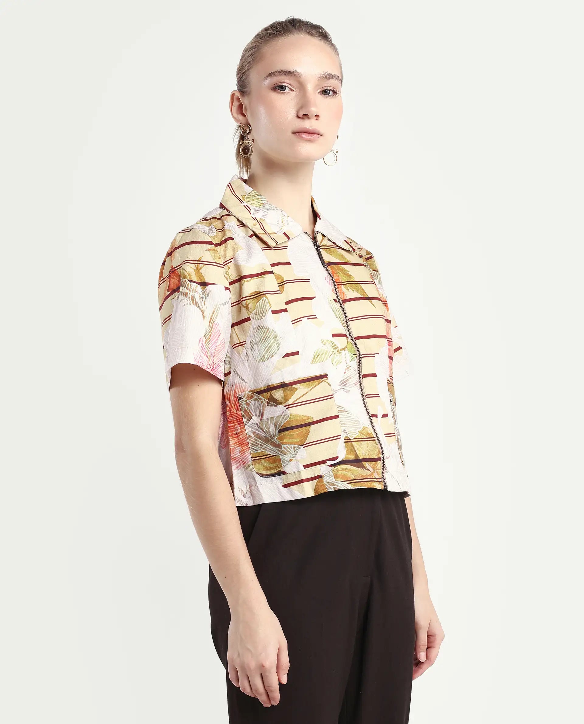 Rareism Women's Klapan Multi Viscose Blend Drop Collar Floral Print Crop Regular Fit Top