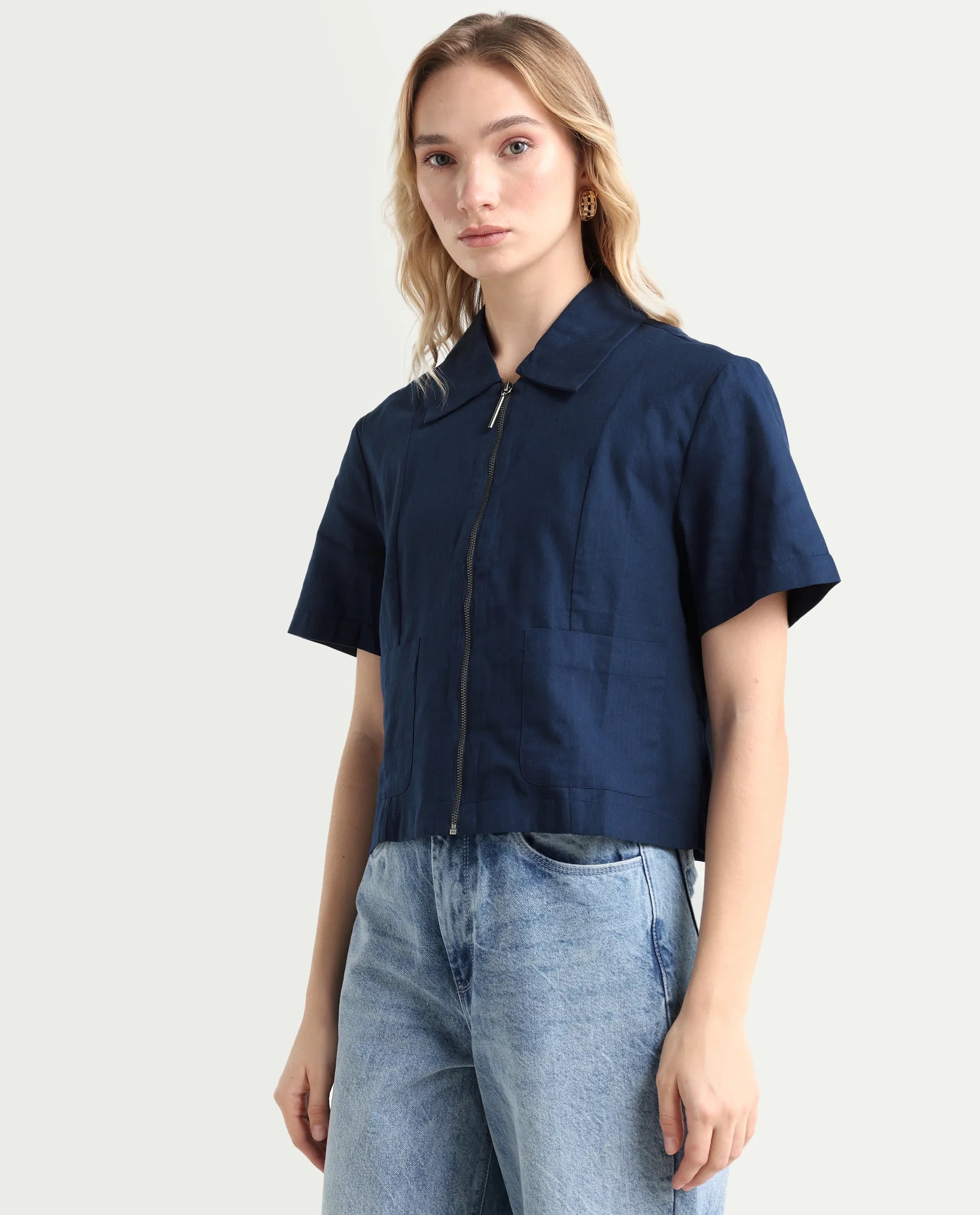 Rareism Women's Klappy Navy Viscose Blend Drop Collar Plain Crop Regular Fit Top