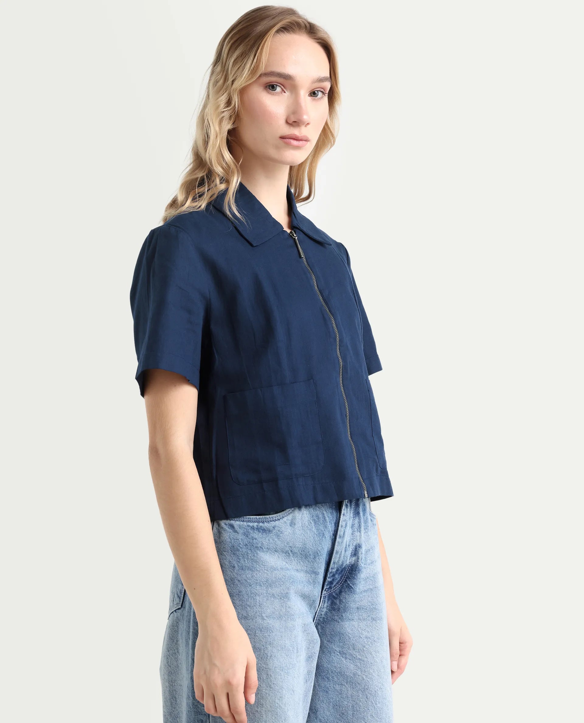 Rareism Women's Klappy Navy Viscose Blend Drop Collar Plain Crop Regular Fit Top