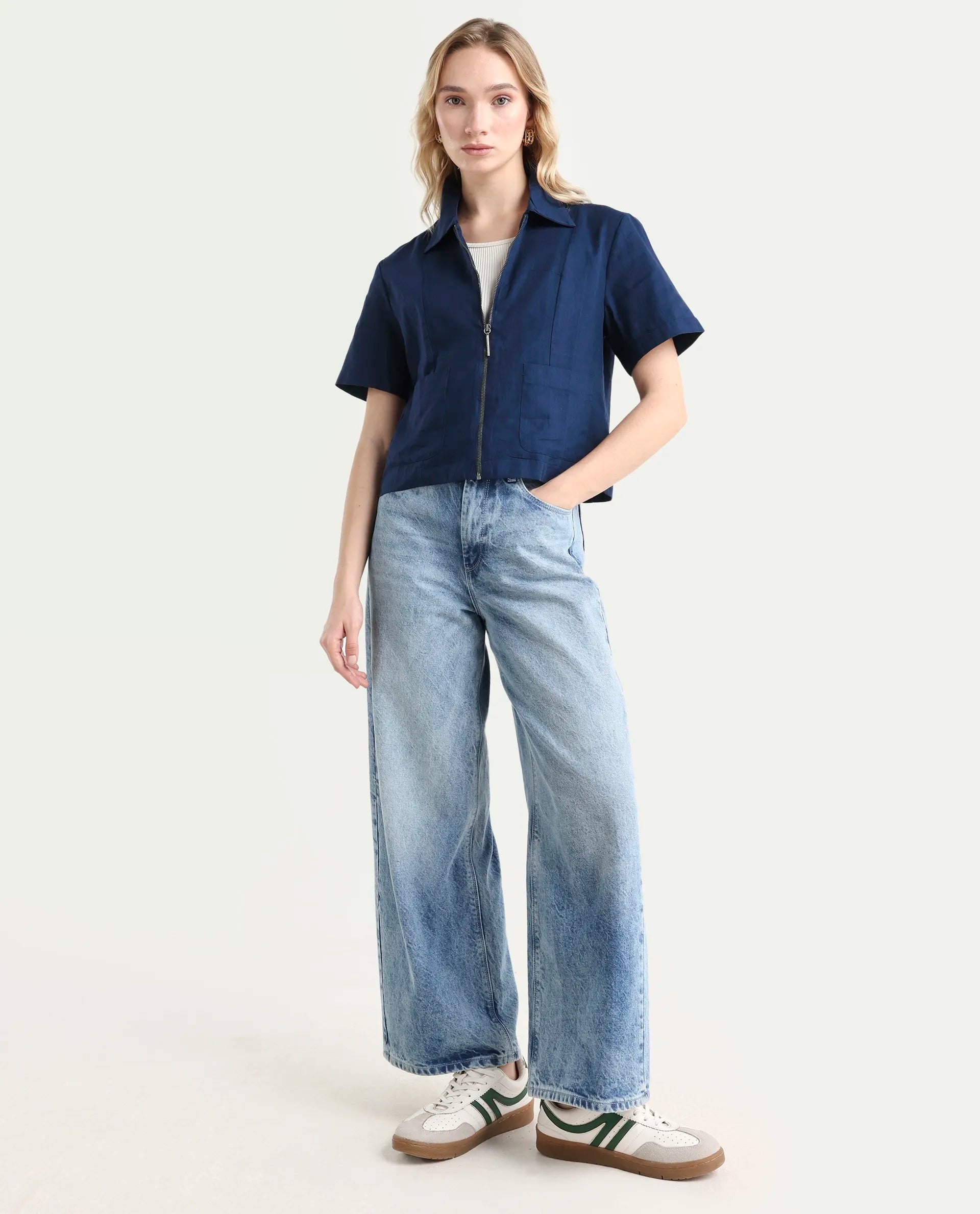 Rareism Women's Klappy Navy Viscose Blend Drop Collar Plain Crop Regular Fit Top