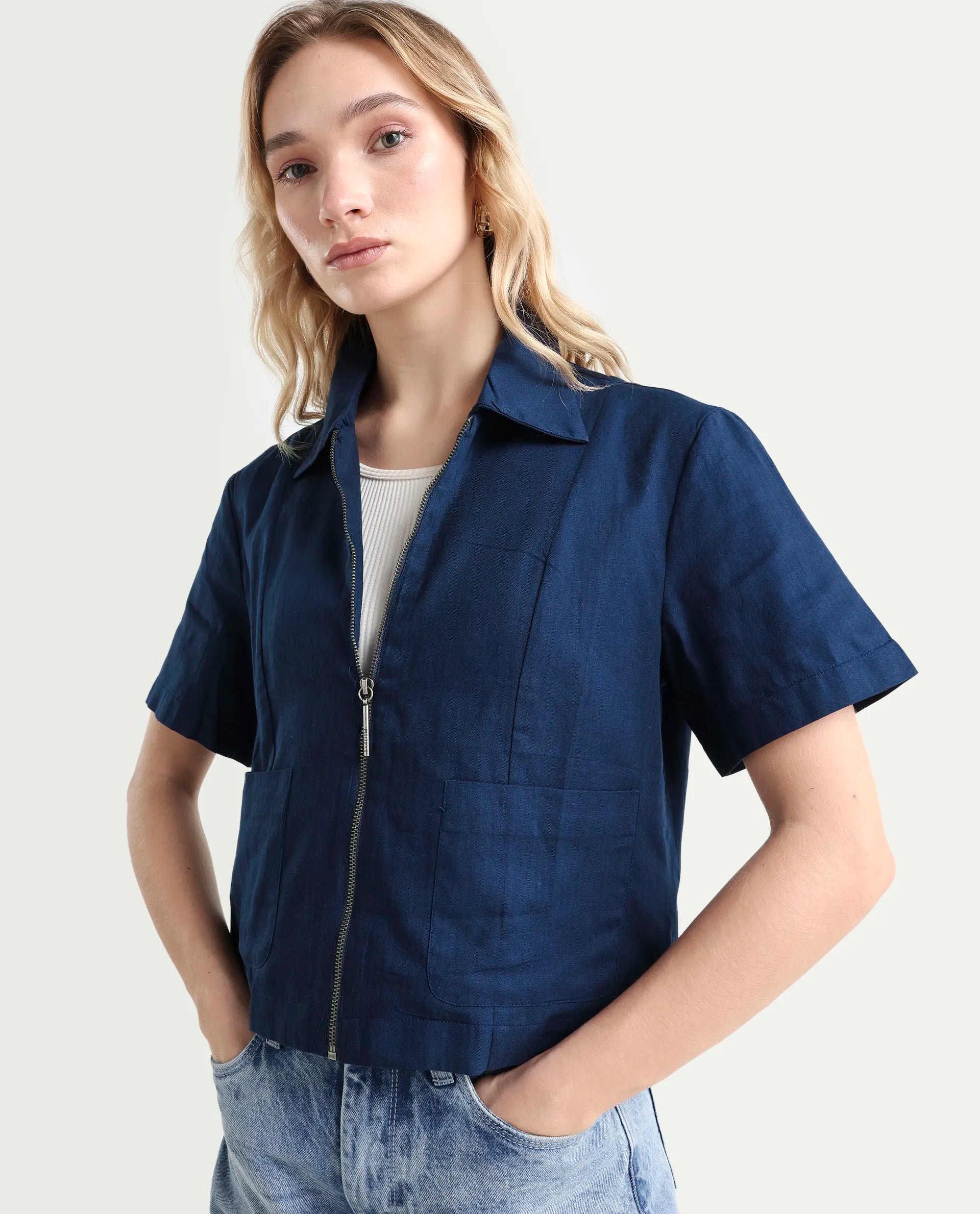 Rareism Women's Klappy Navy Viscose Blend Drop Collar Plain Crop Regular Fit Top