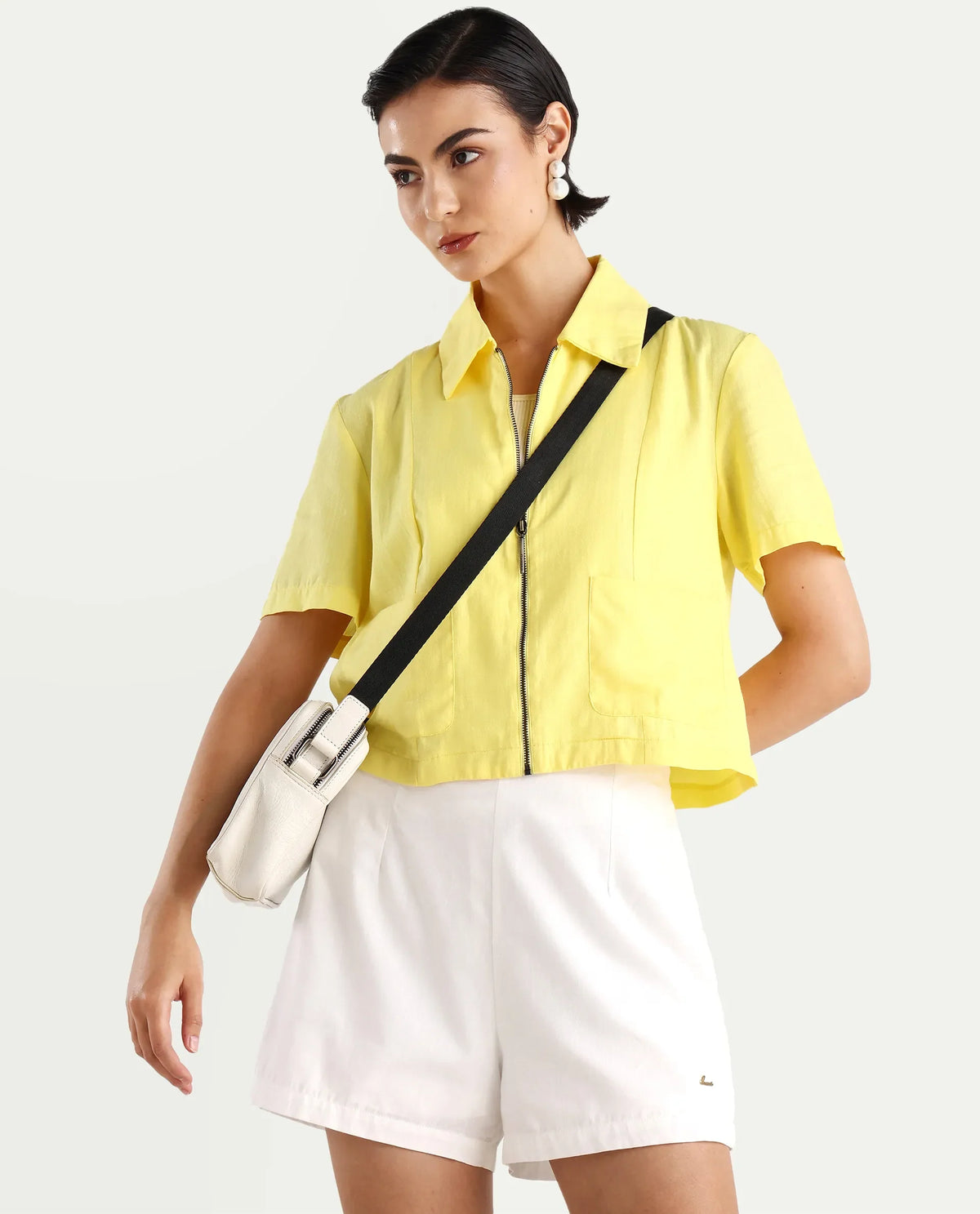 Rareism Women's Klappy Yellow Viscose Blend Drop Collar Plain Crop Regular Fit Top